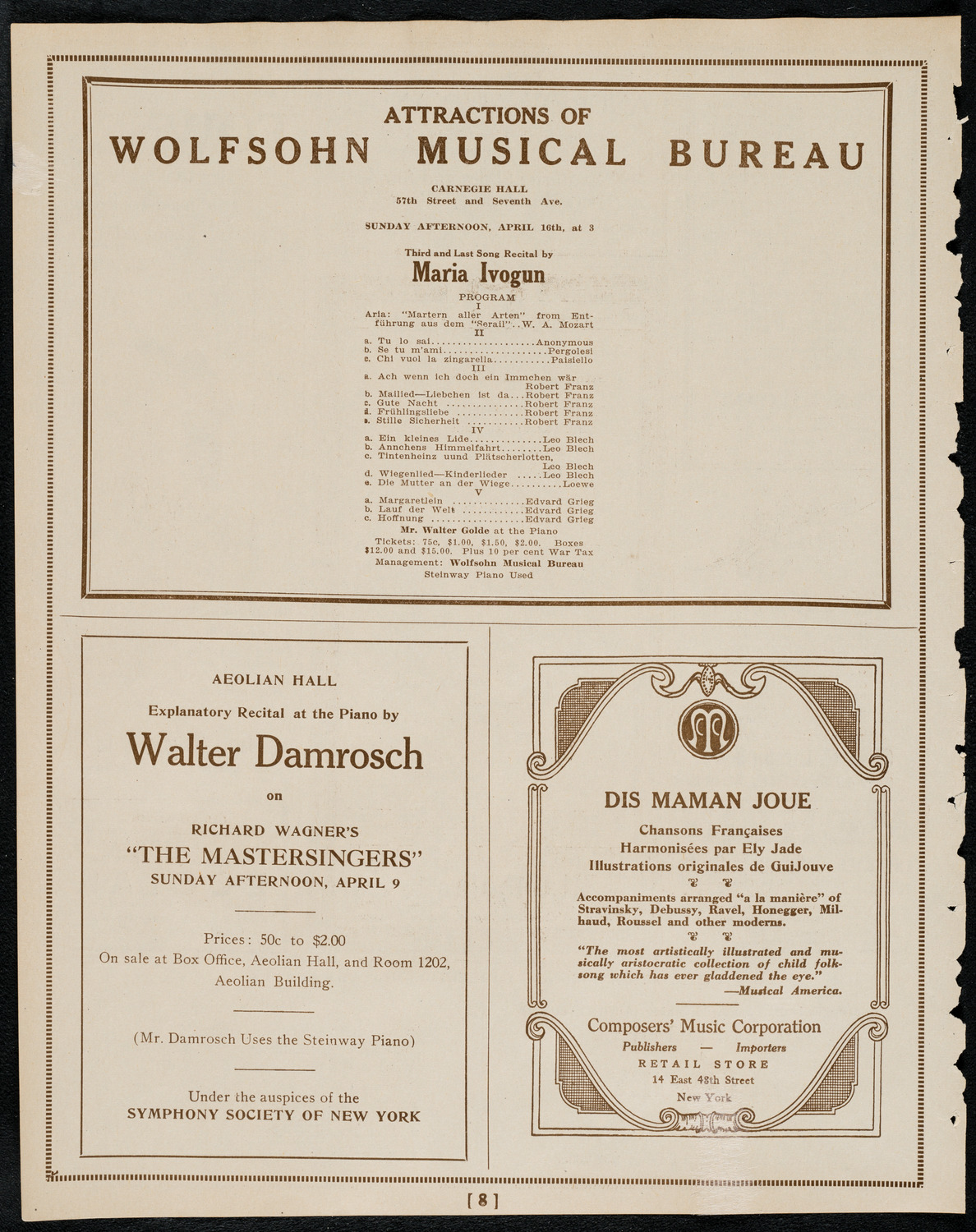 New York Philharmonic, April 8, 1922, program page 8