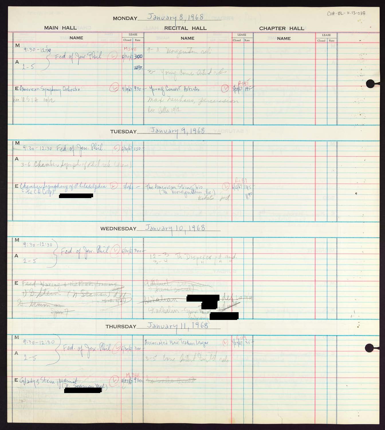 Carnegie Hall Booking Ledger, volume 13, page 38