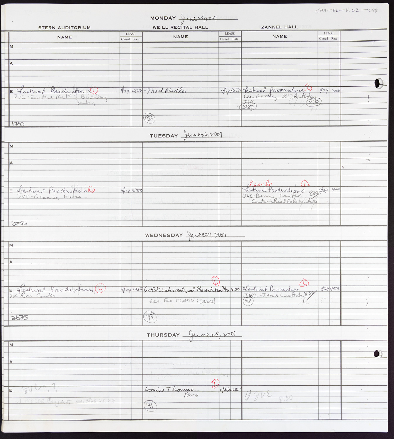 Carnegie Hall Booking Ledger, volume 52, page 88