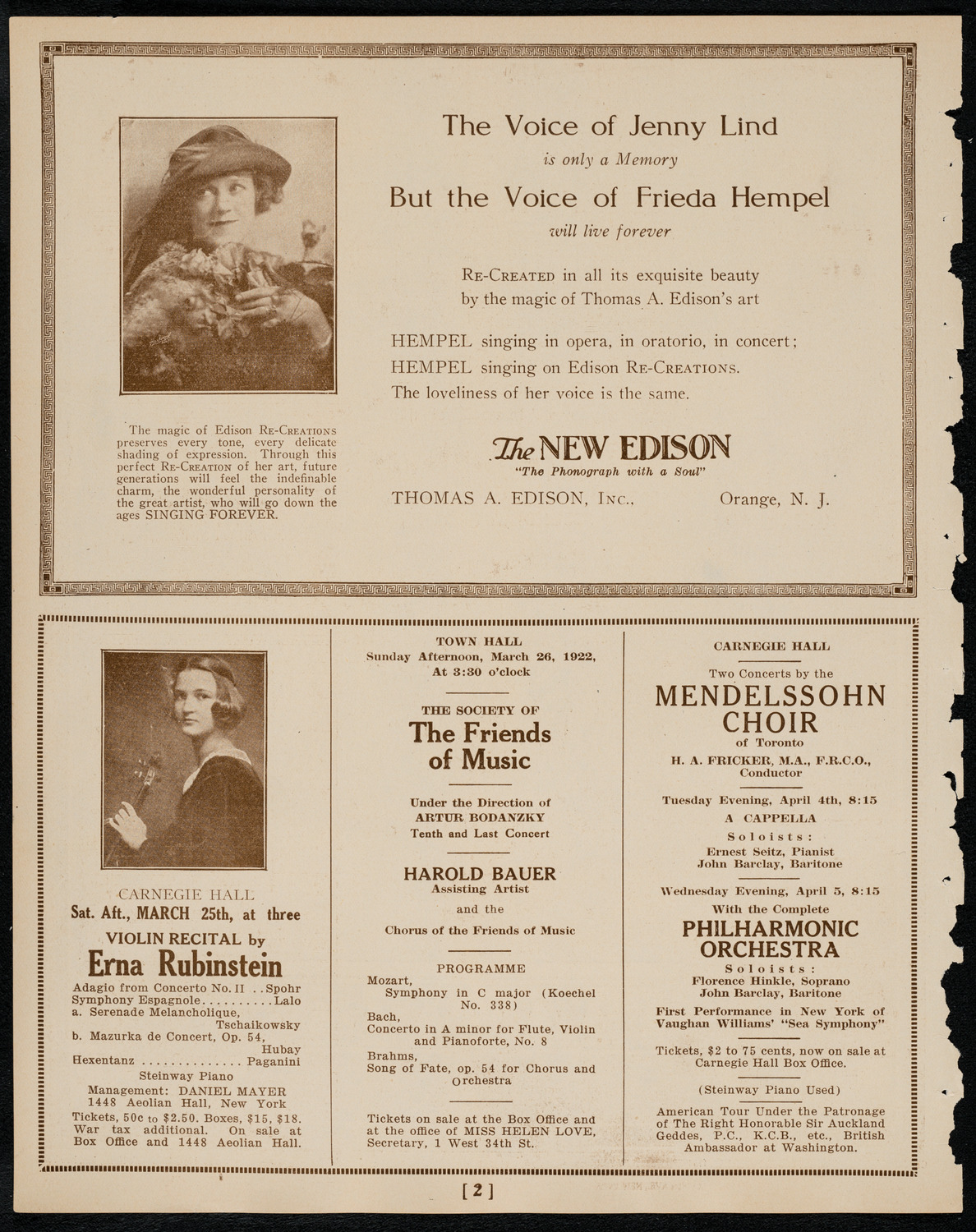 Frieda Hempel, Soprano, March 21, 1922, program page 2