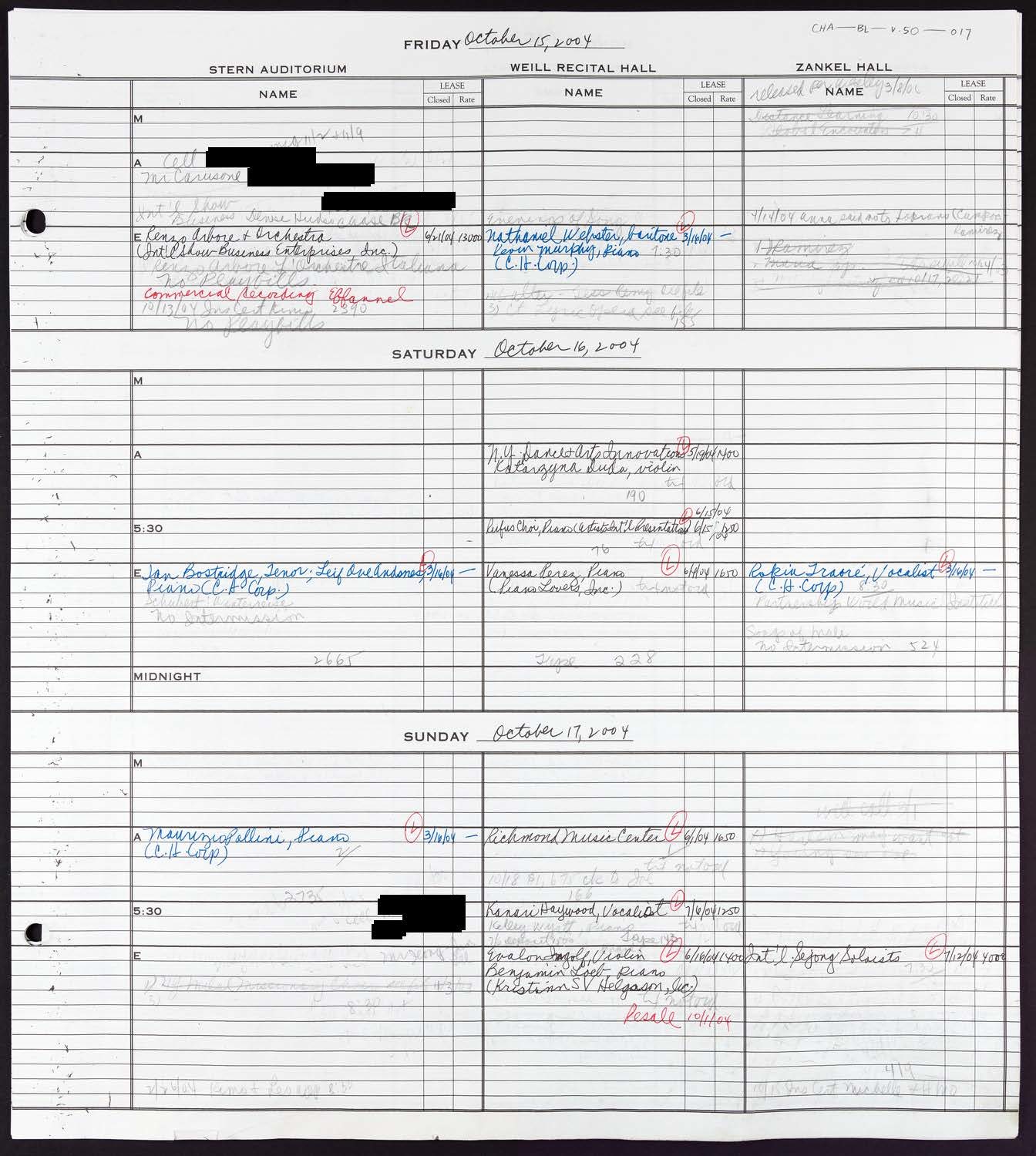 Carnegie Hall Booking Ledger, volume 50, page 17