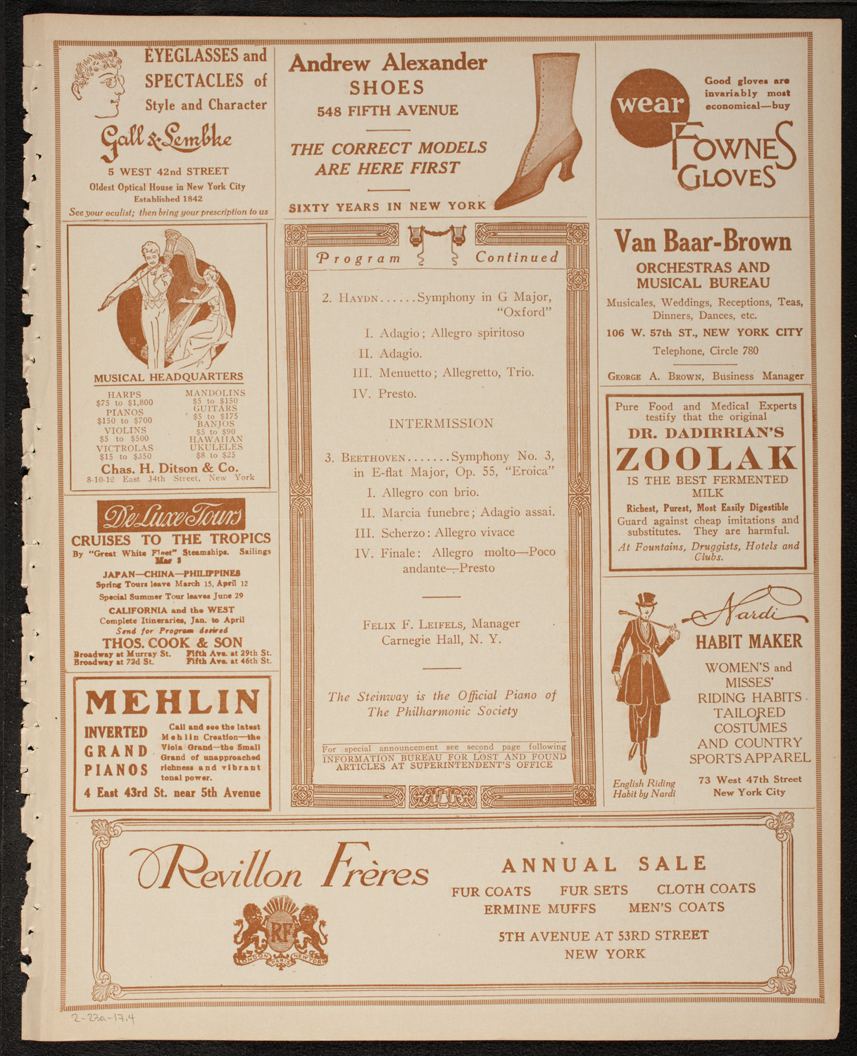 New York Philharmonic, February 23, 1917, program page 7