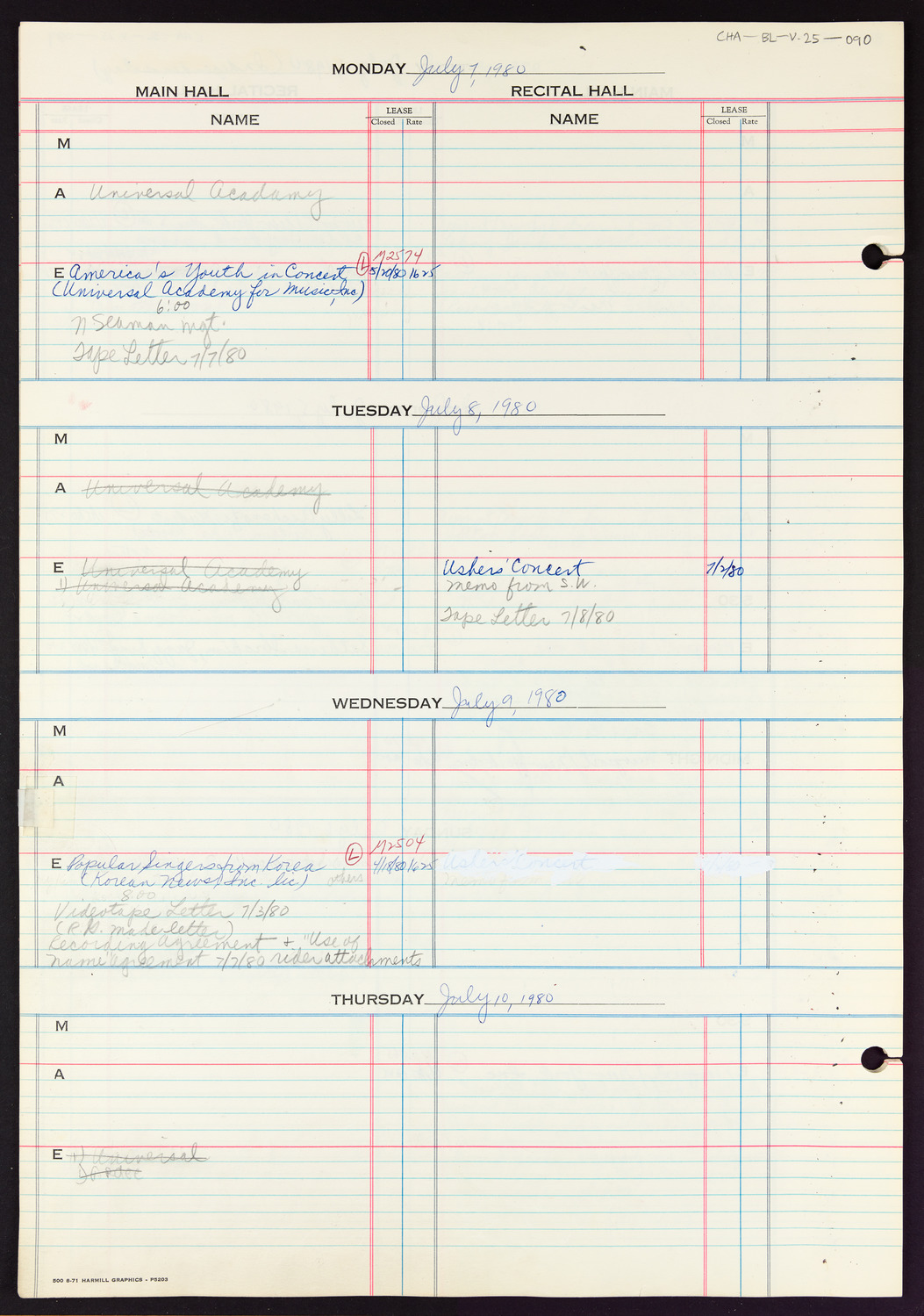 Carnegie Hall Booking Ledger, volume 25, page 90