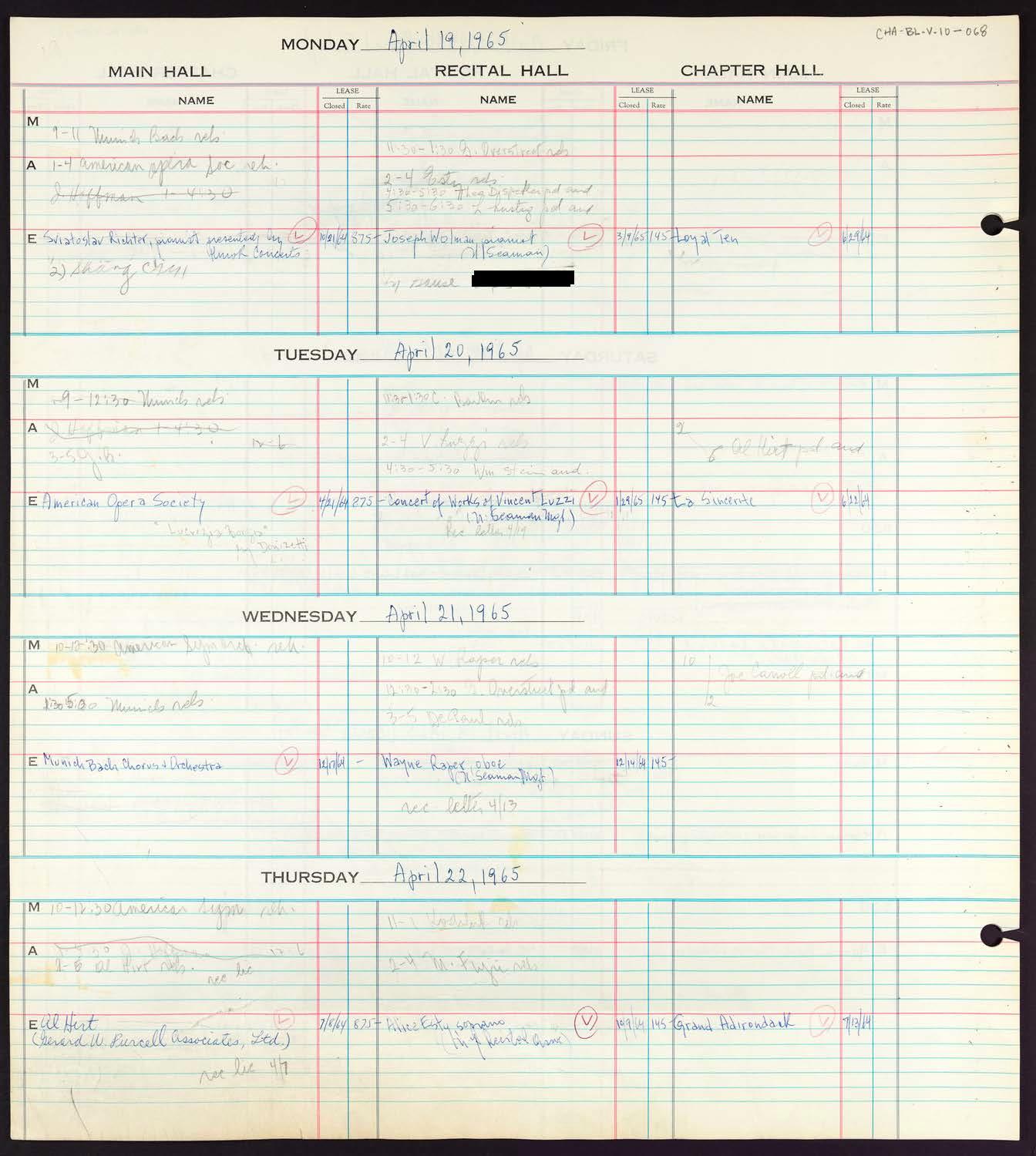 Carnegie Hall Booking Ledger, volume 10, page 68