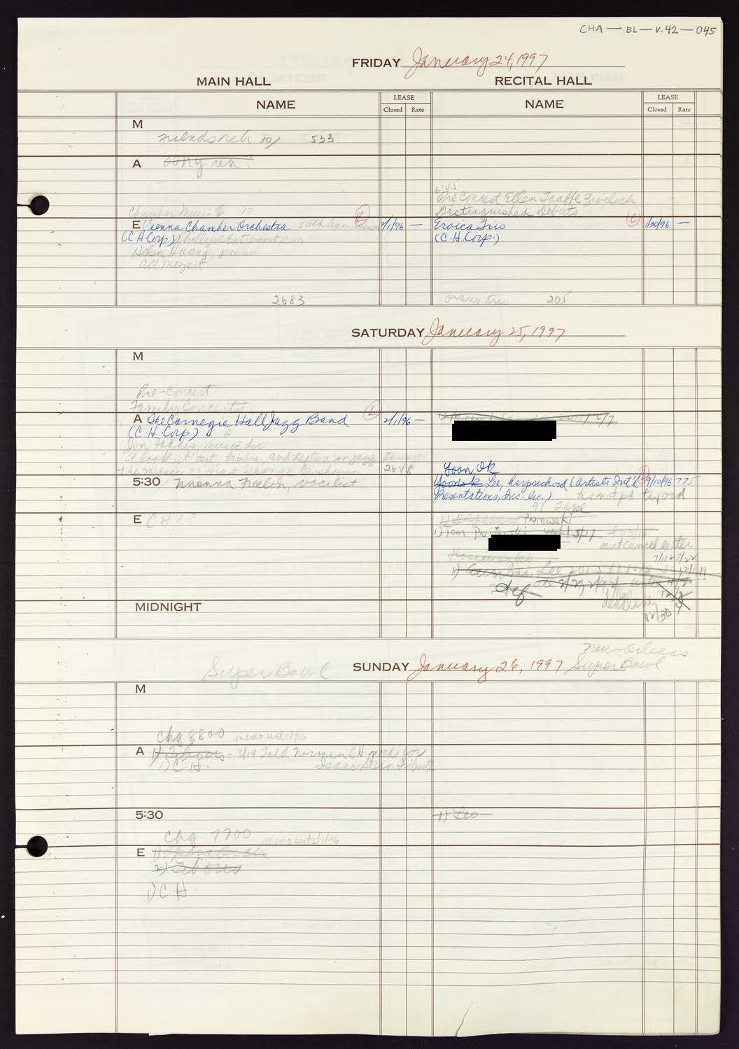 Carnegie Hall Booking Ledger, volume 42, page 45