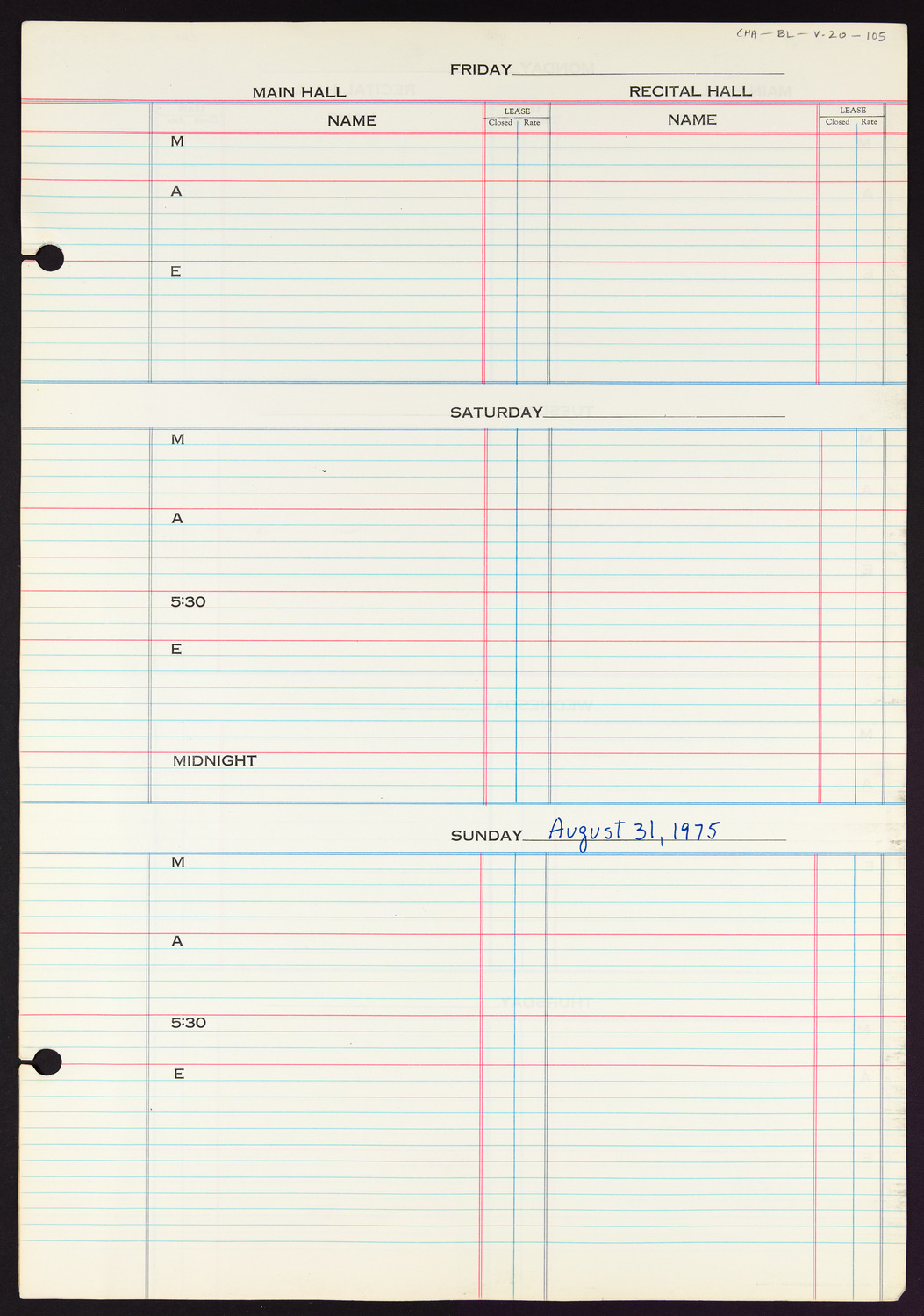 Carnegie Hall Booking Ledger, volume 20, page 105