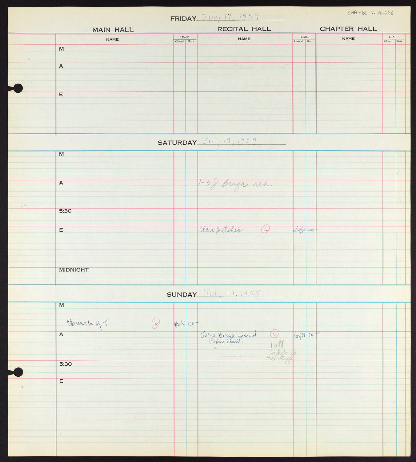 Carnegie Hall Booking Ledger, volume 4, page 85