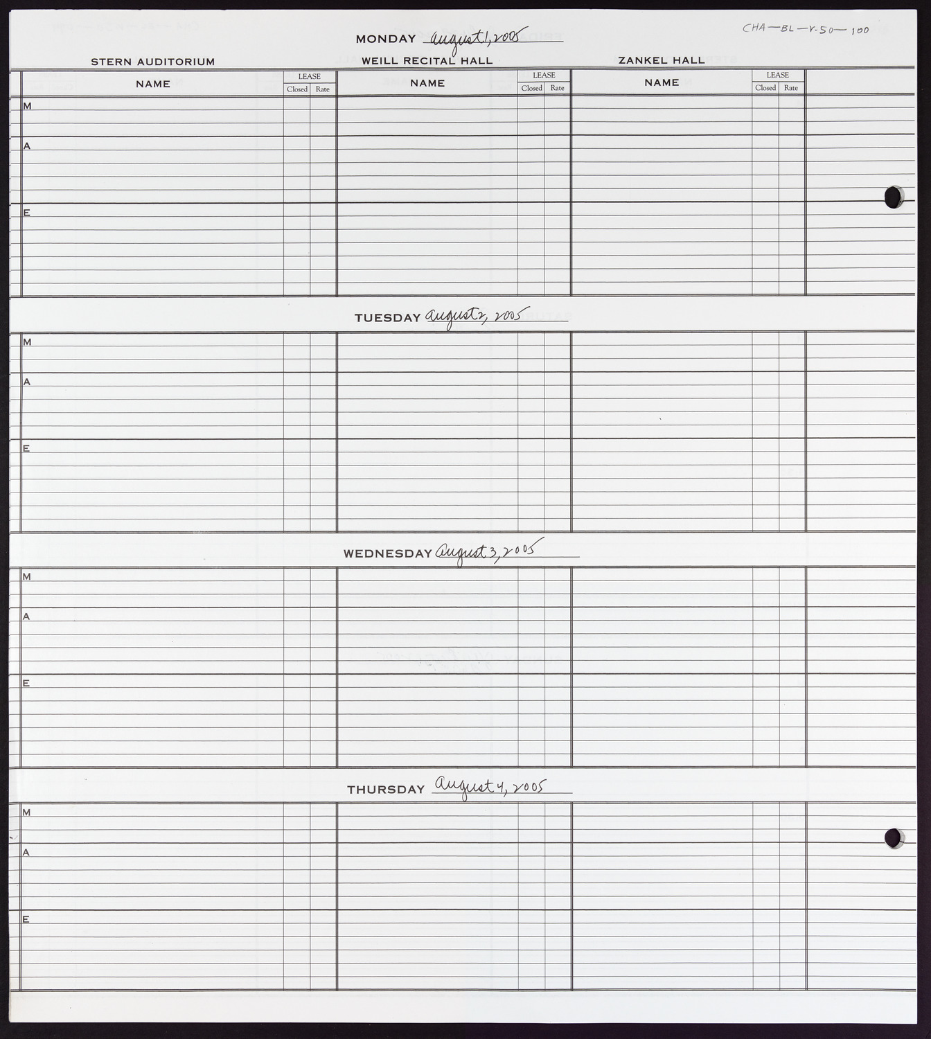 Carnegie Hall Booking Ledger, volume 50, page 100