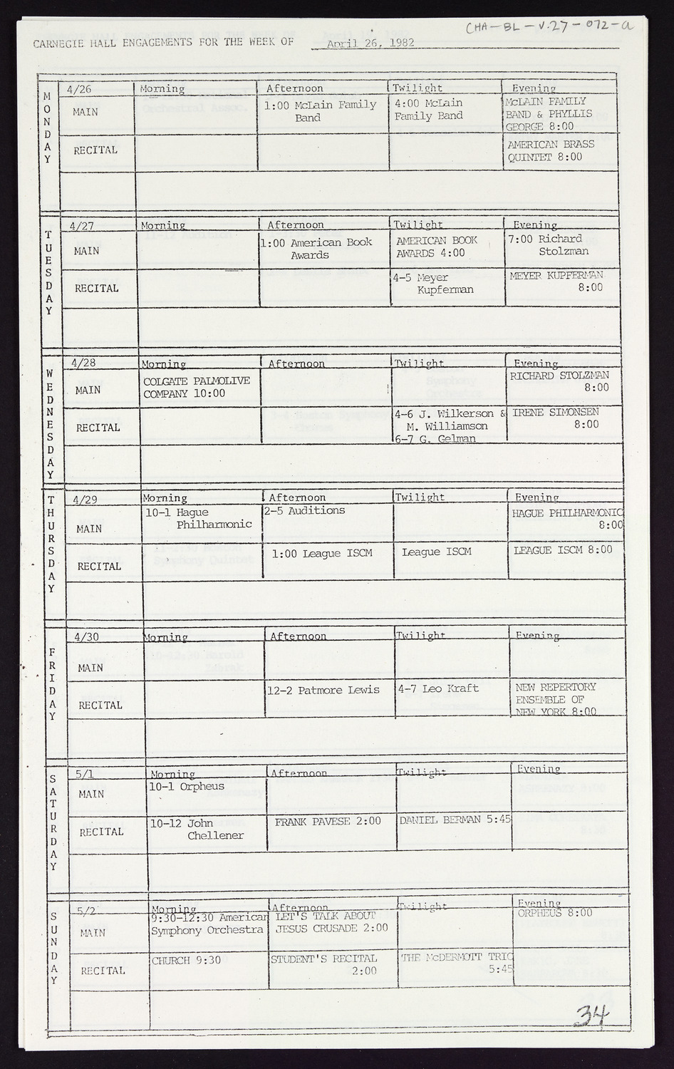 Carnegie Hall Booking Ledger, volume 27, page 72a