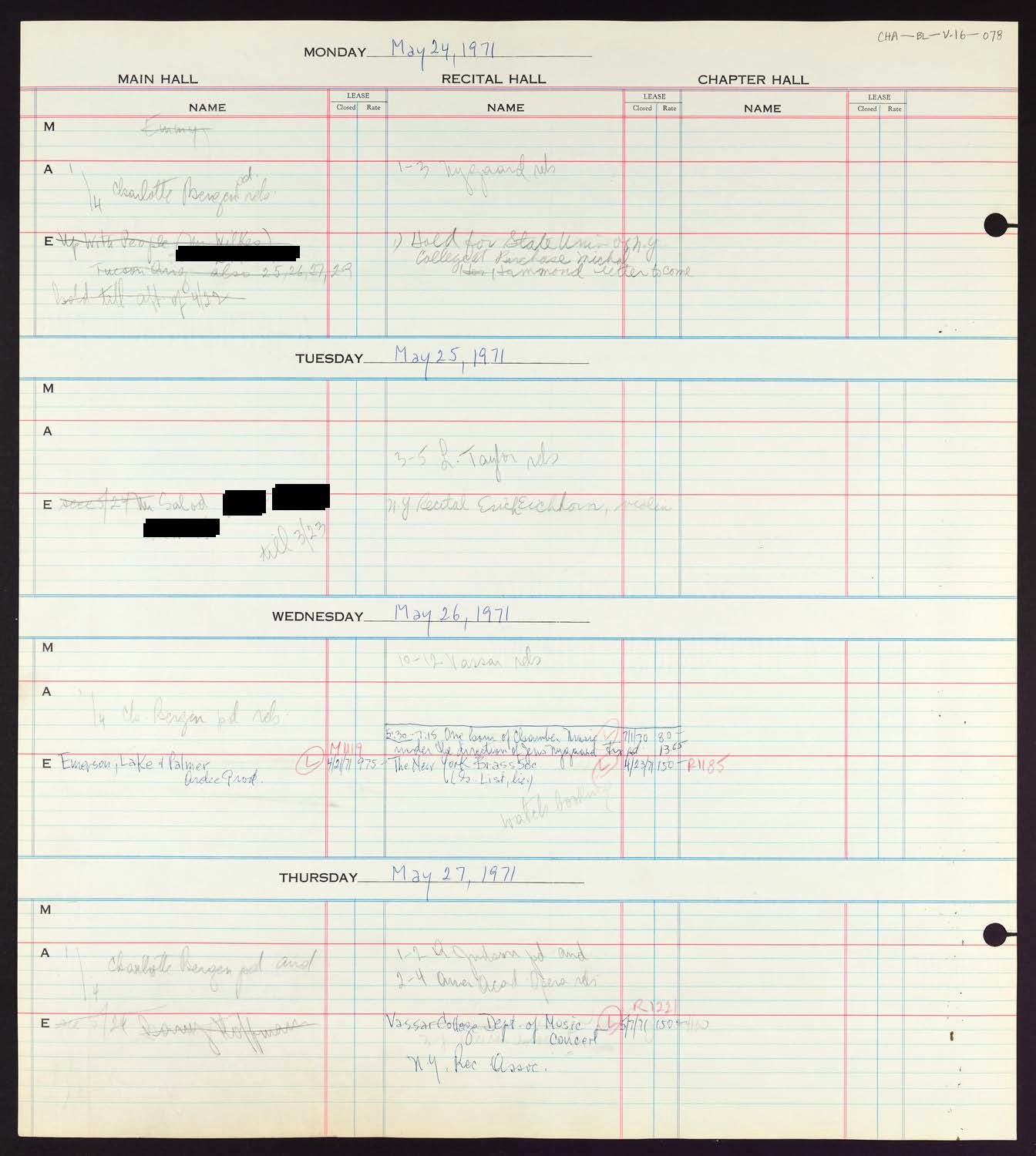 Carnegie Hall Booking Ledger, volume 16, page 78