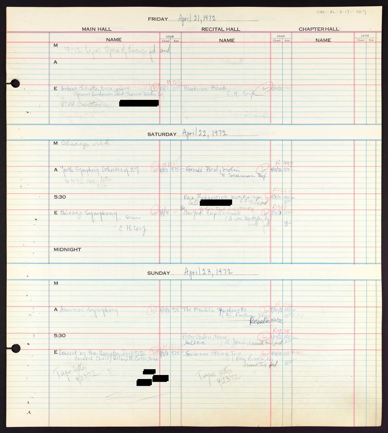 Carnegie Hall Booking Ledger, volume 17, page 69