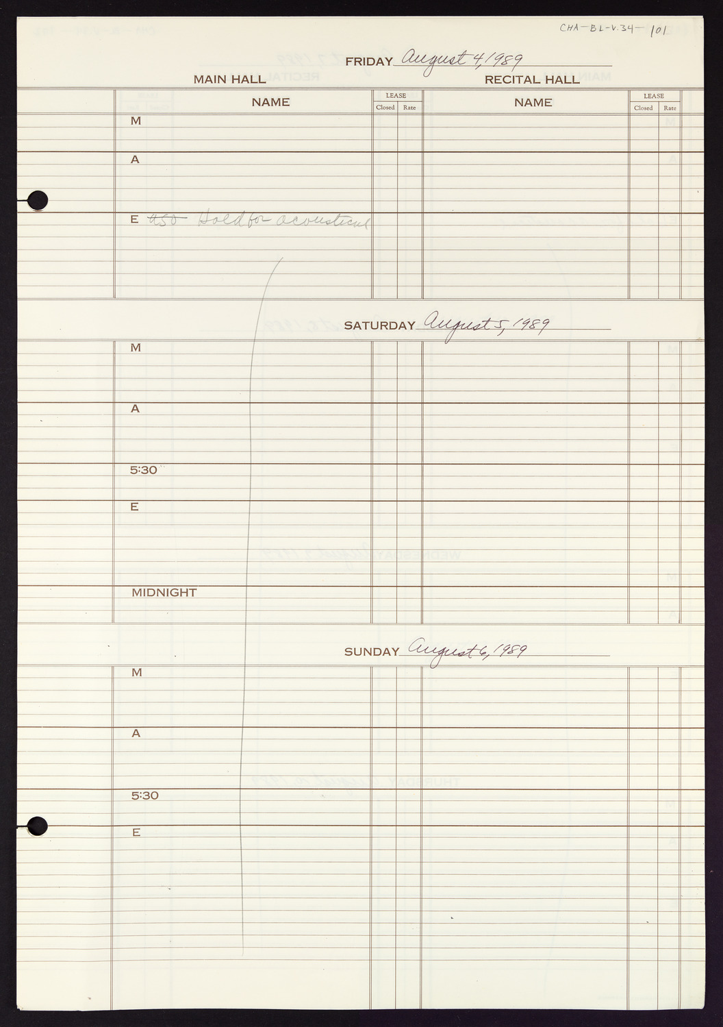 Carnegie Hall Booking Ledger, volume 34, page 101