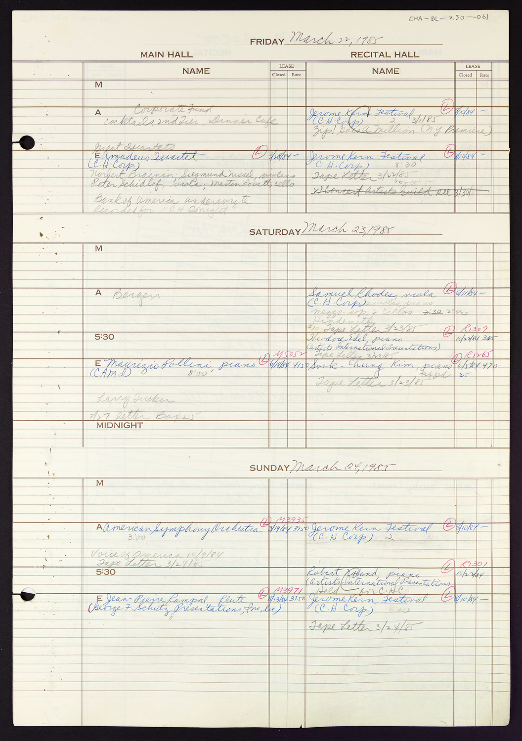 Carnegie Hall Booking Ledger, volume 30, page 61