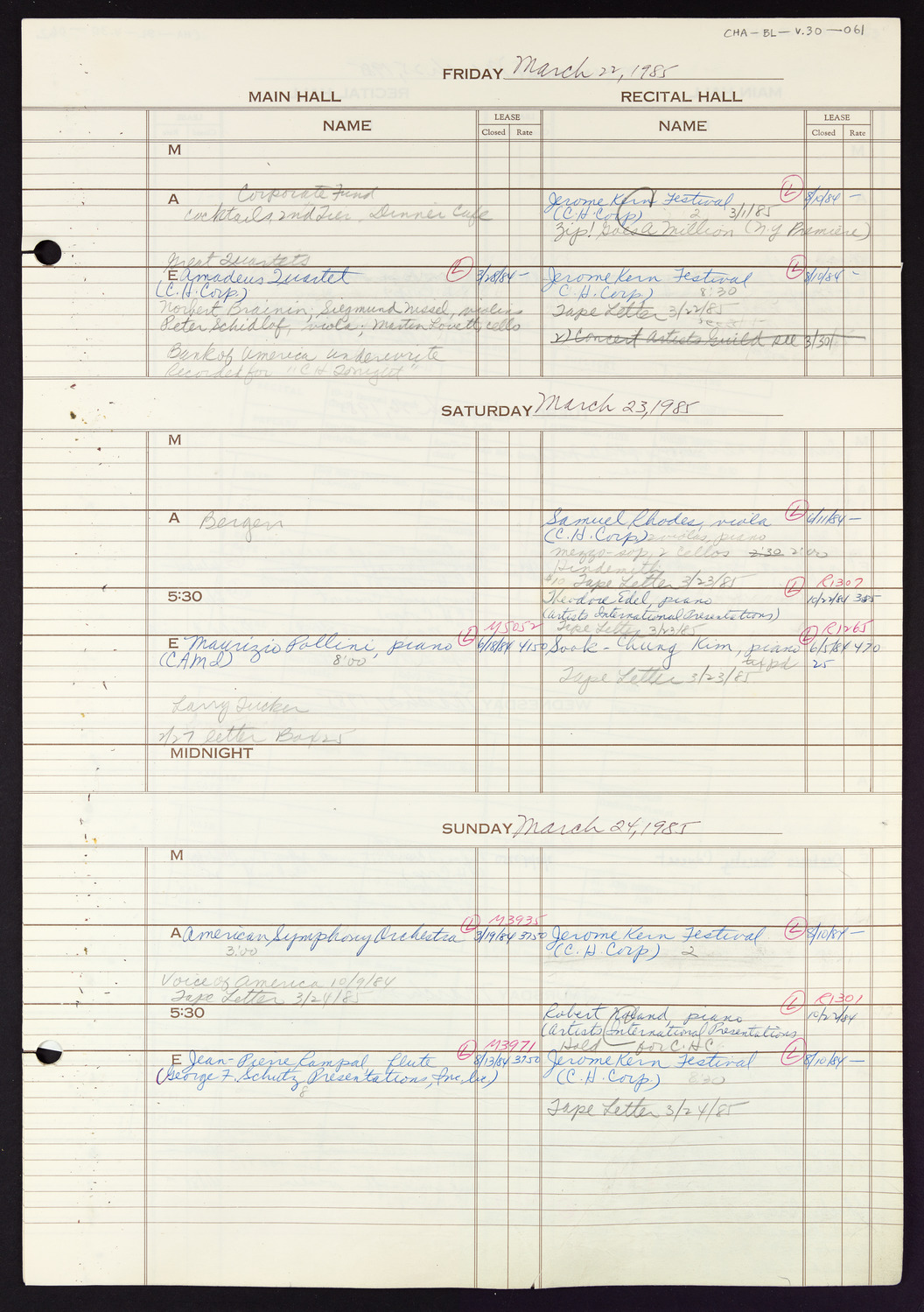 Carnegie Hall Booking Ledger, volume 30, page 61