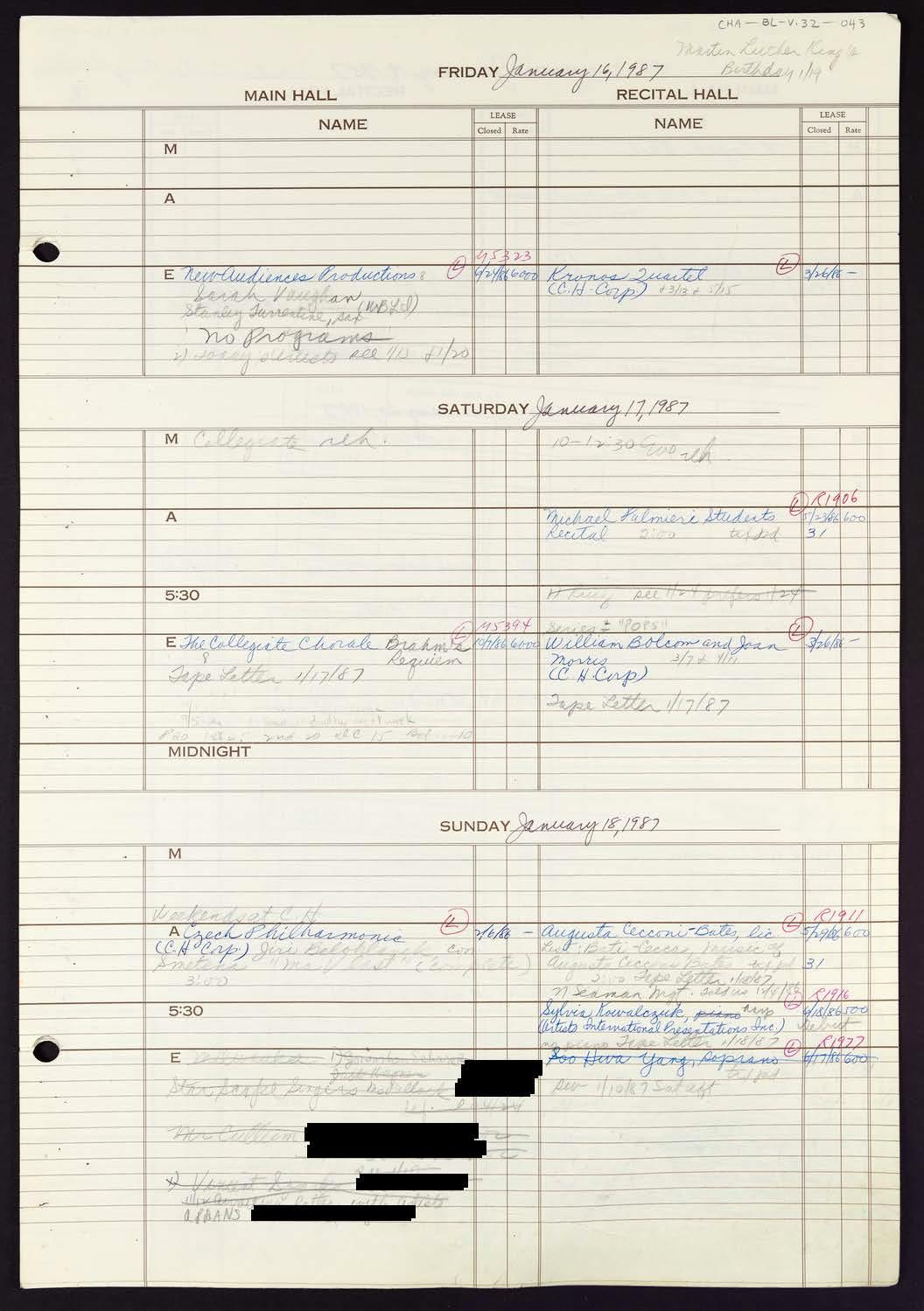Carnegie Hall Booking Ledger, volume 32, page 43