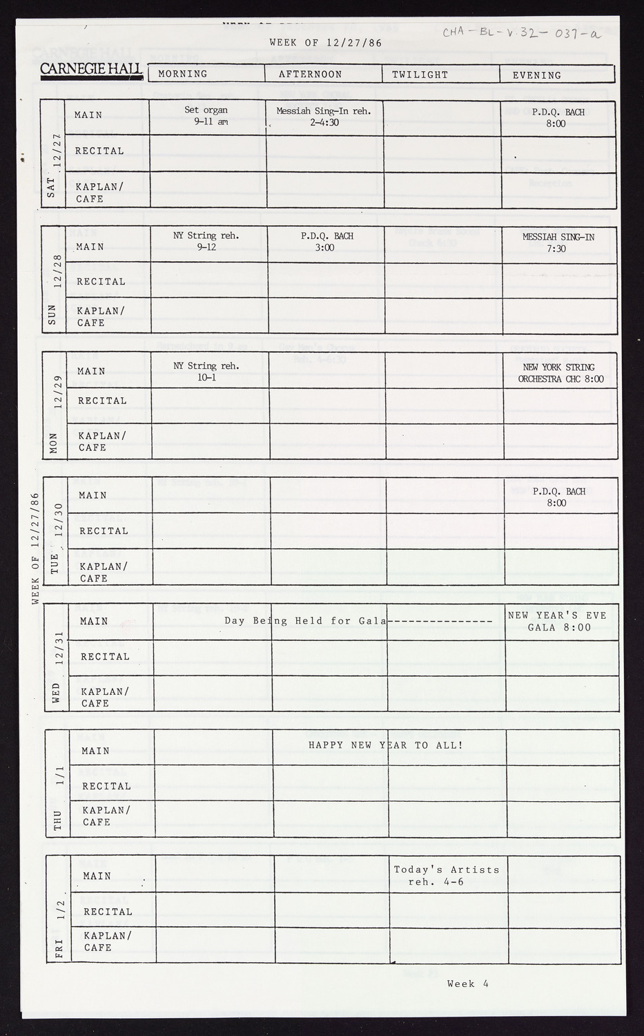 Carnegie Hall Booking Ledger, volume 32, page 37a