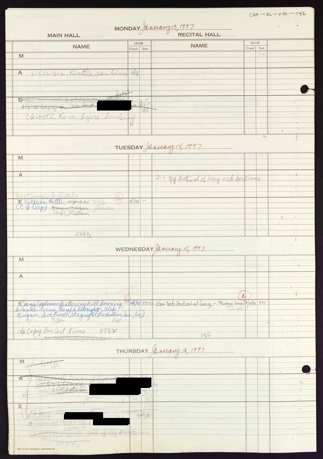 Carnegie Hall Booking Ledger, volume 42, page 42