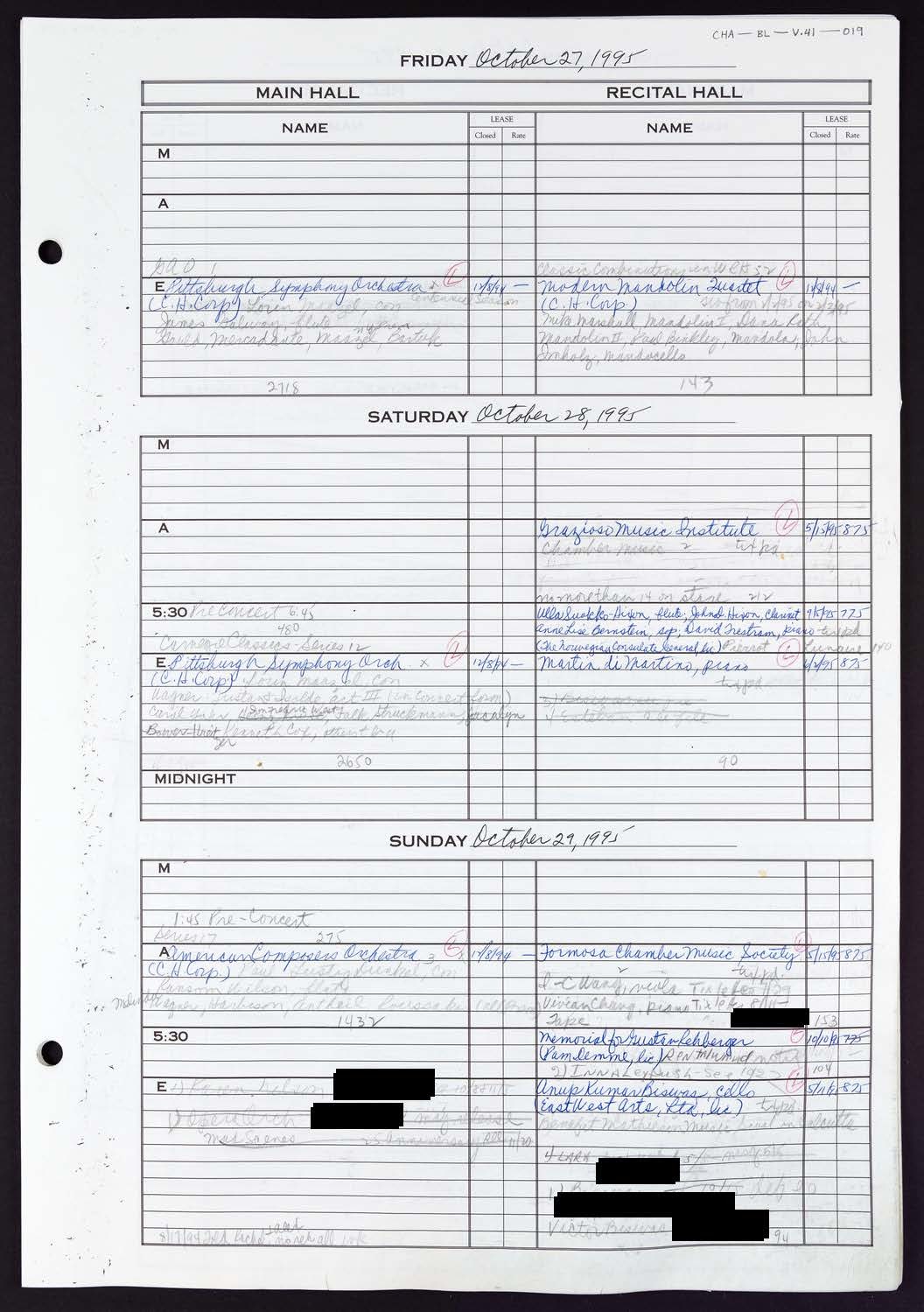 Carnegie Hall Booking Ledger, volume 41, page 19