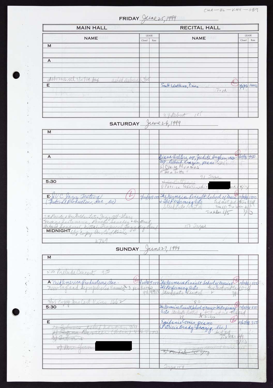 Carnegie Hall Booking Ledger, volume 44, page 89