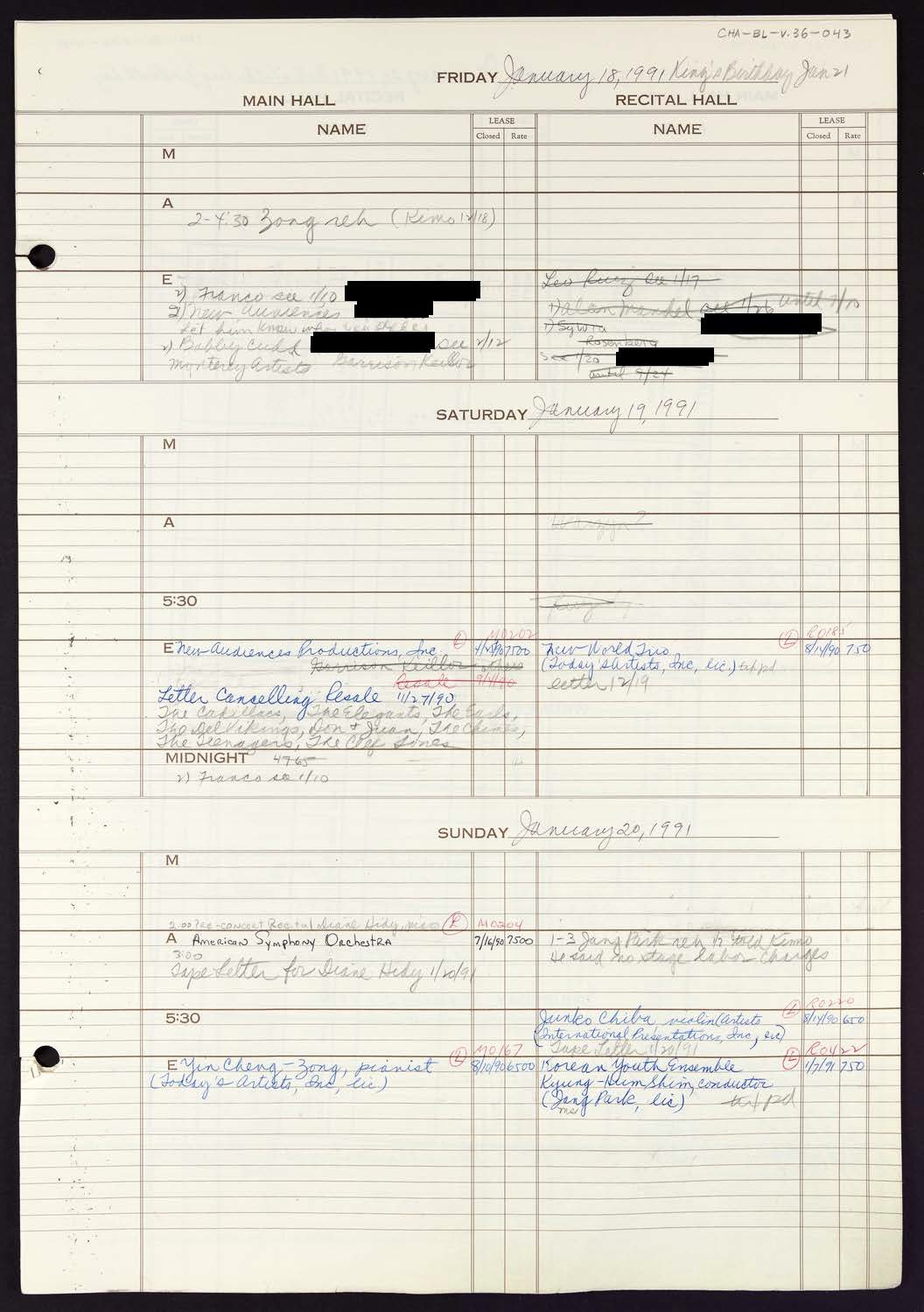 Carnegie Hall Booking Ledger, volume 36, page 43