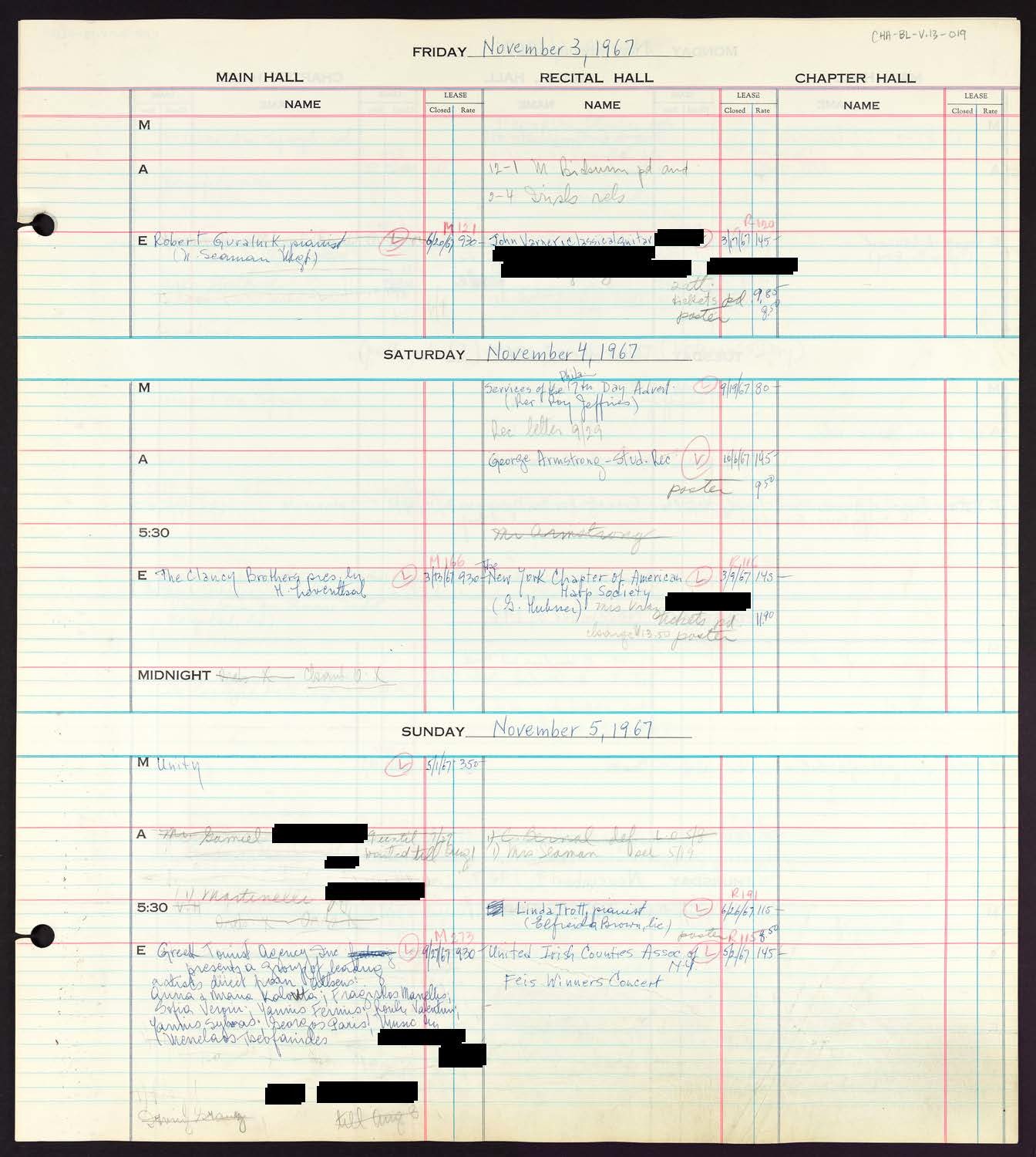 Carnegie Hall Booking Ledger, volume 13, page 19