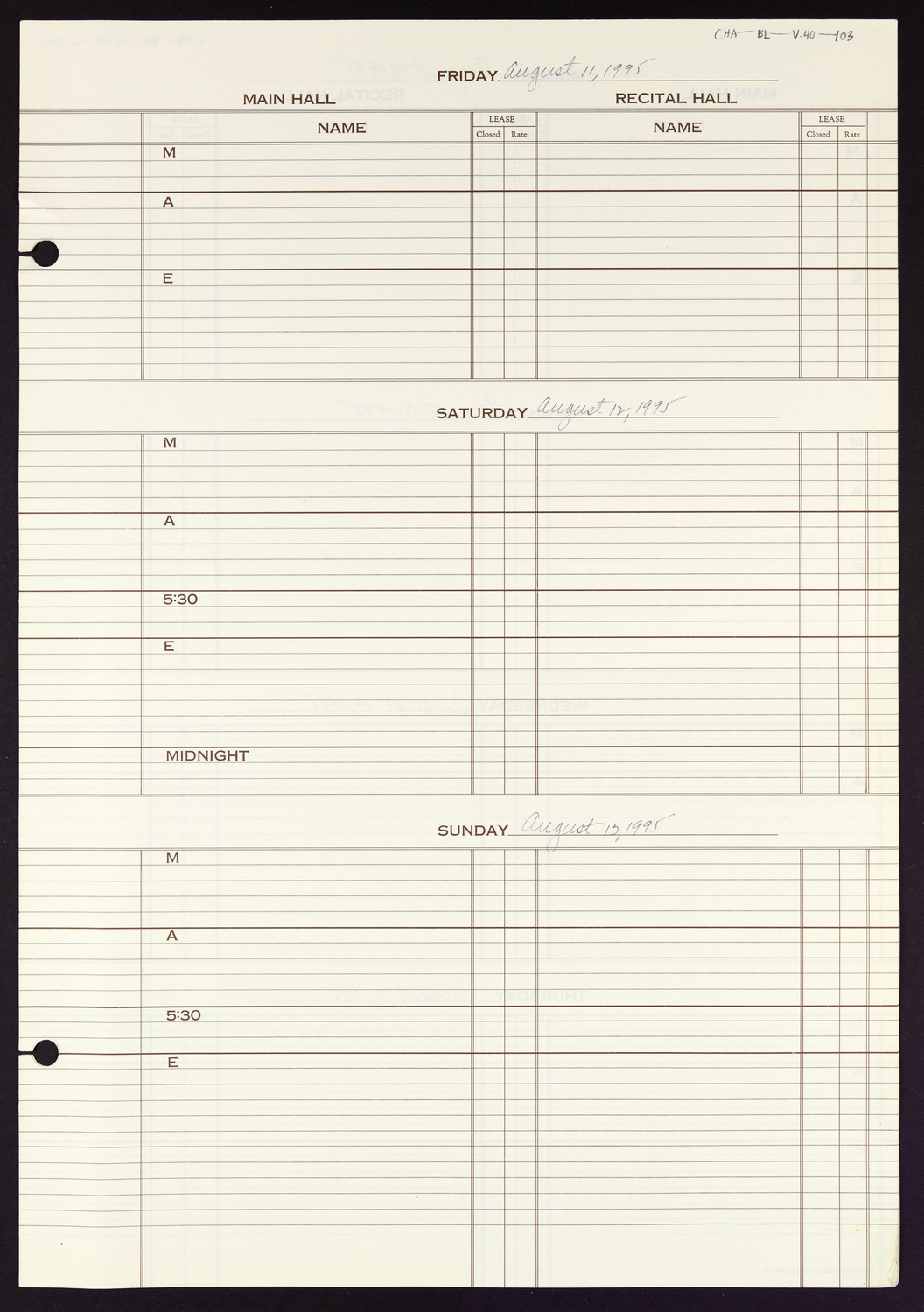 Carnegie Hall Booking Ledger, volume 40, page 103