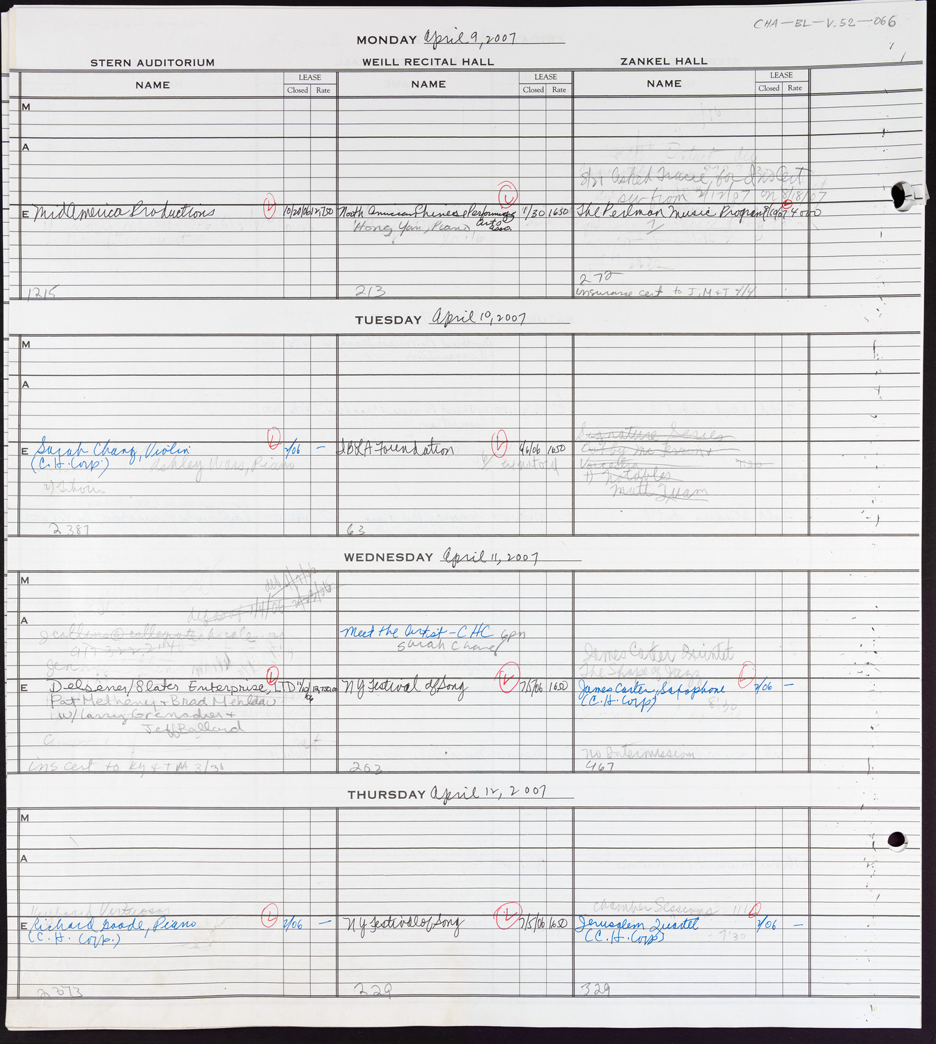 Carnegie Hall Booking Ledger, volume 52, page 66