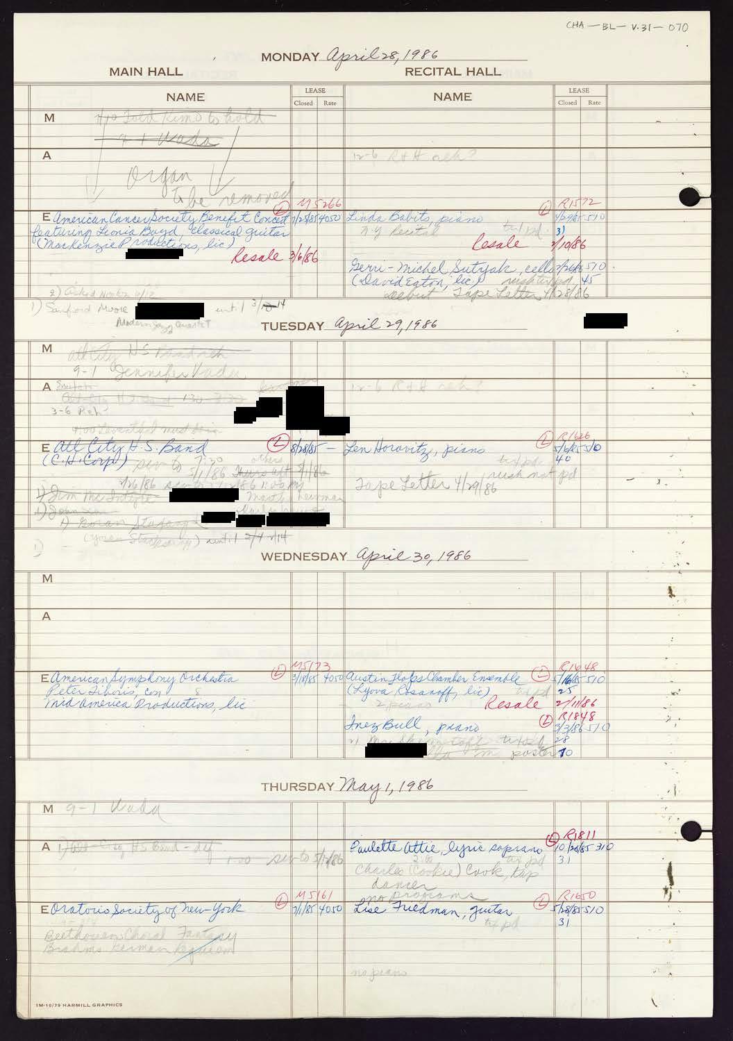 Carnegie Hall Booking Ledger, volume 31, page 70