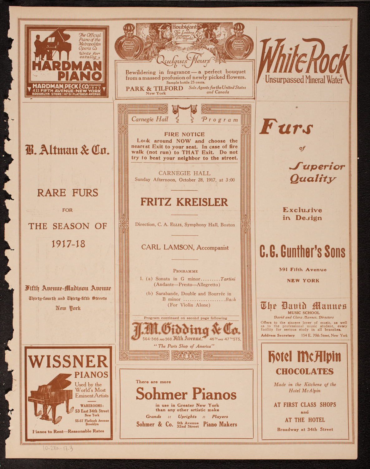 Fritz Kreisler, Violin, October 28, 1917, program page 5