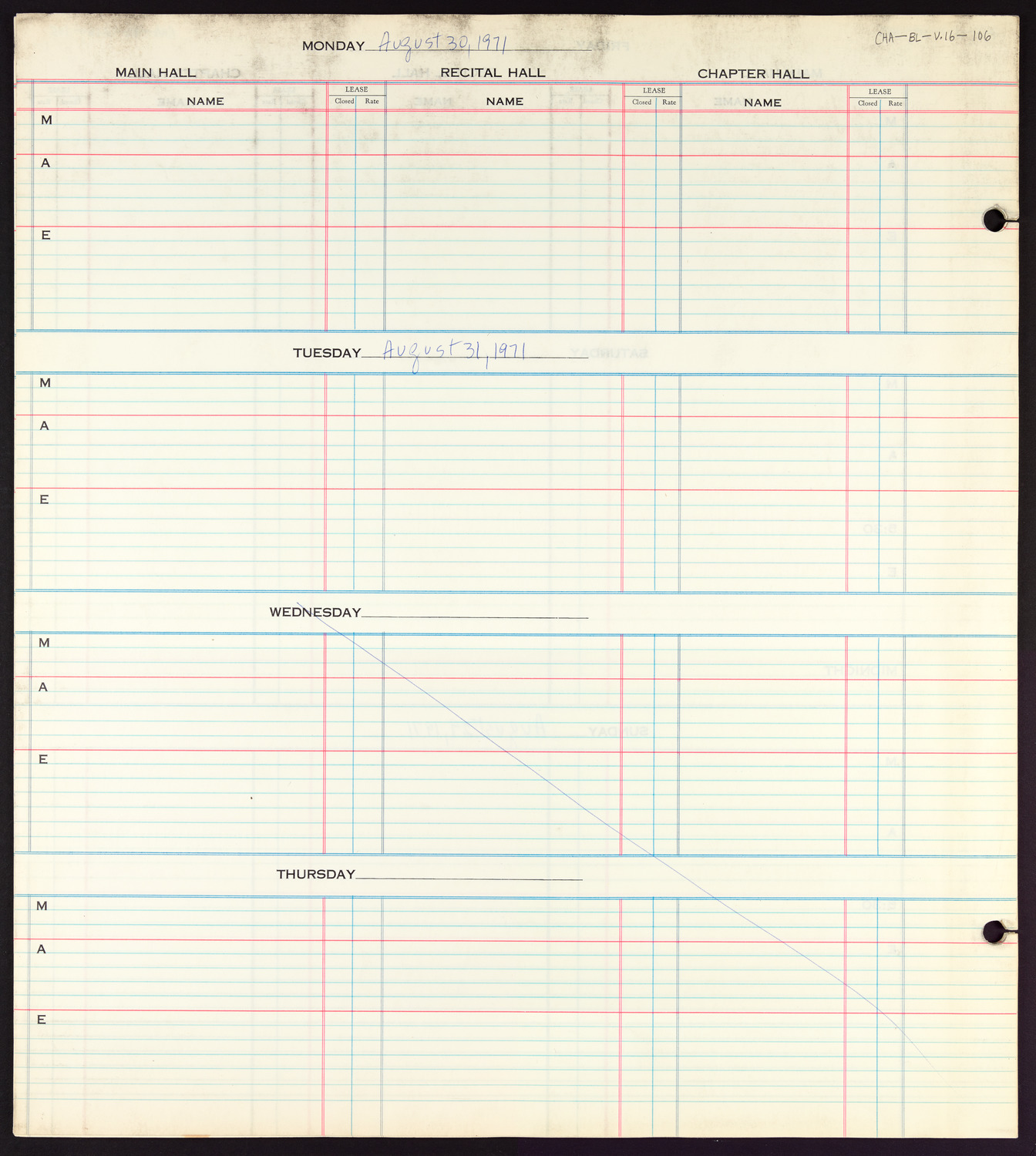 Carnegie Hall Booking Ledger, volume 16, page 106