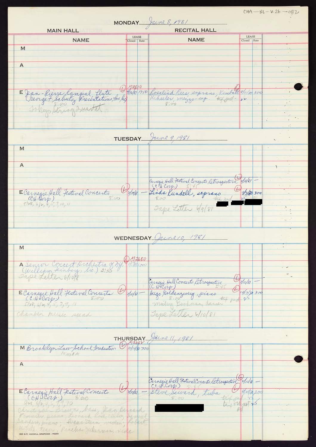 Carnegie Hall Booking Ledger, volume 26, page 82