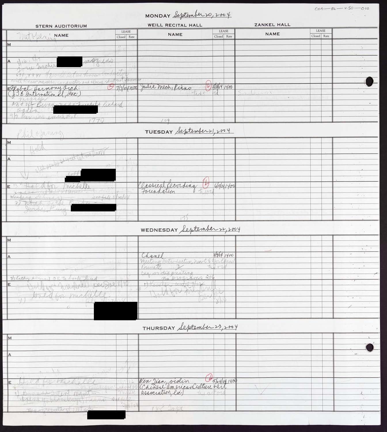 Carnegie Hall Booking Ledger, volume 50, page 10