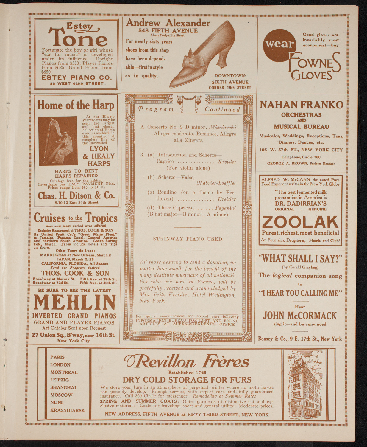 Fritz Kreisler, Violin, April 9, 1916, program page 7