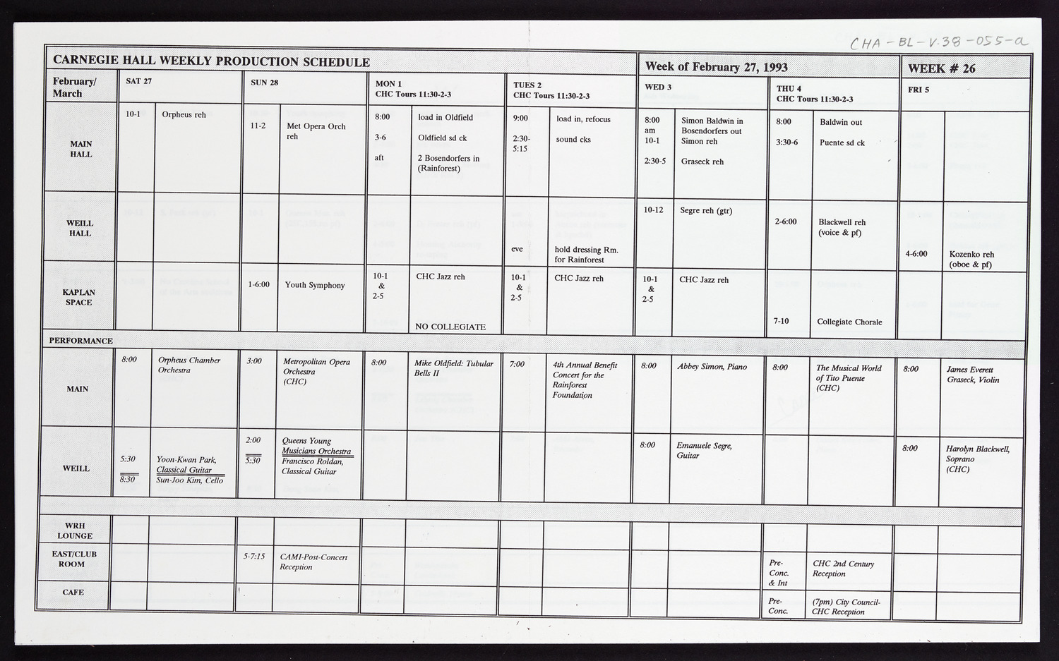 Carnegie Hall Booking Ledger, volume 38, page 55a