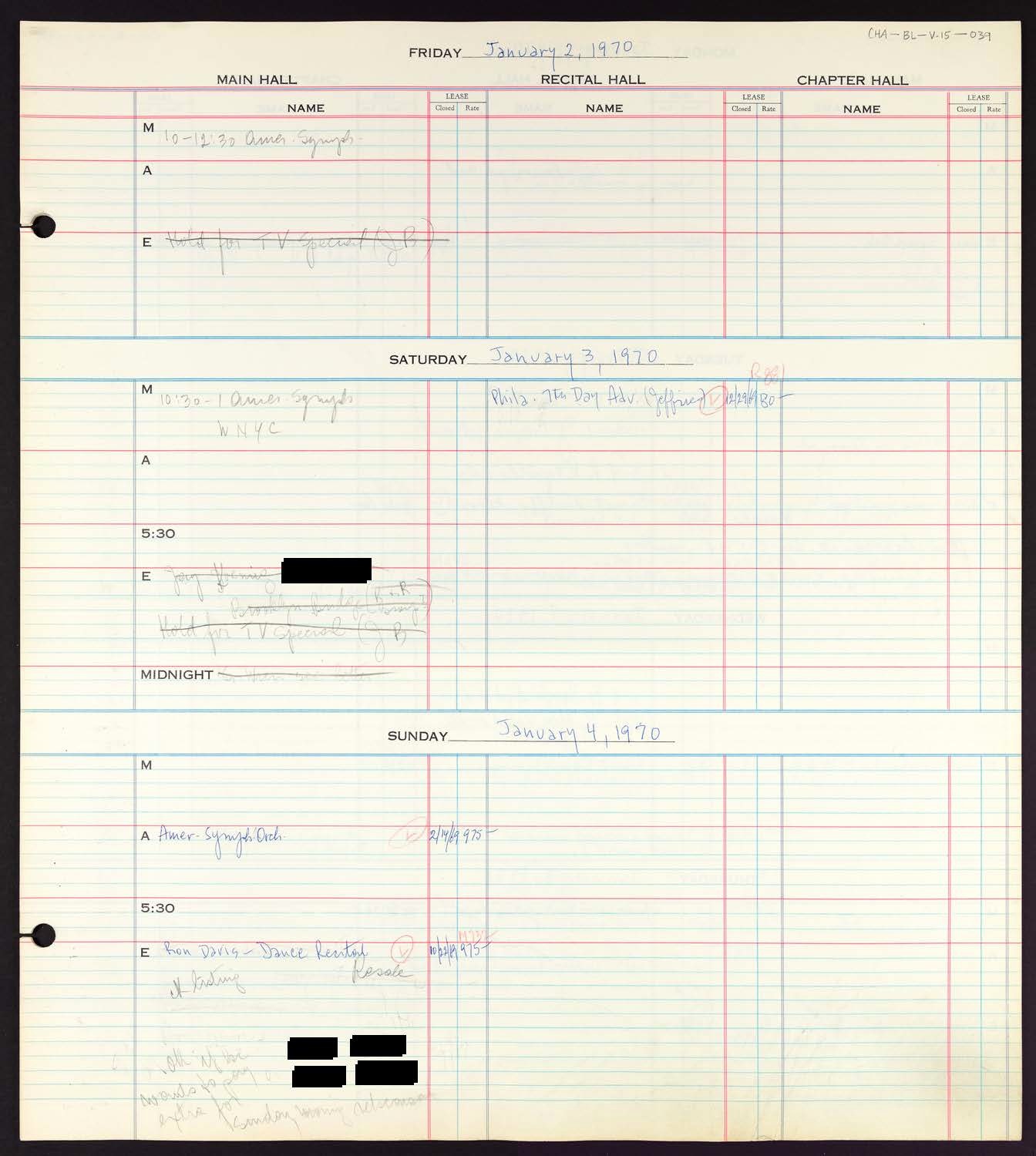 Carnegie Hall Booking Ledger, volume 15, page 39