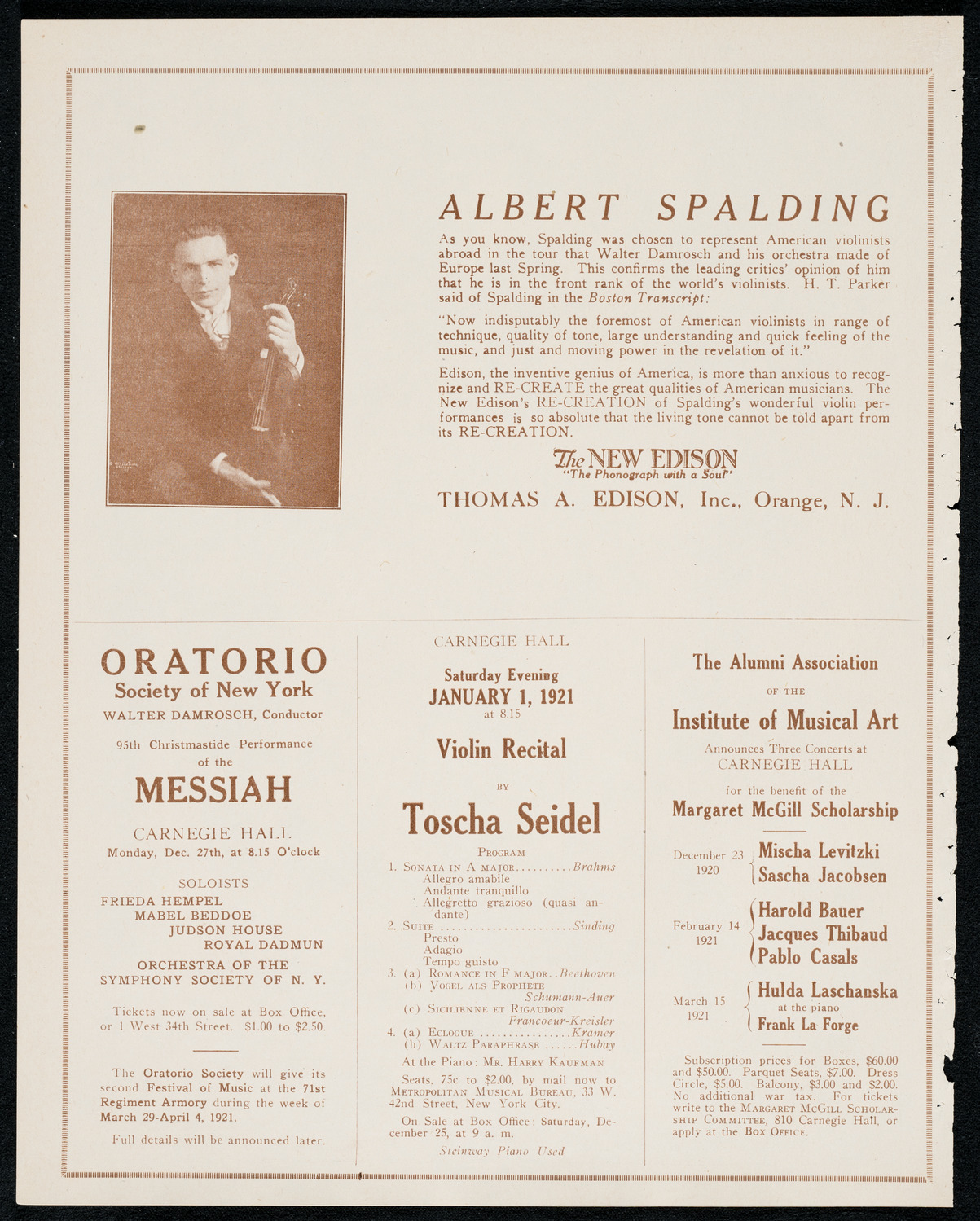 Fritz Kreisler, Violin, December 5, 1920, program page 2