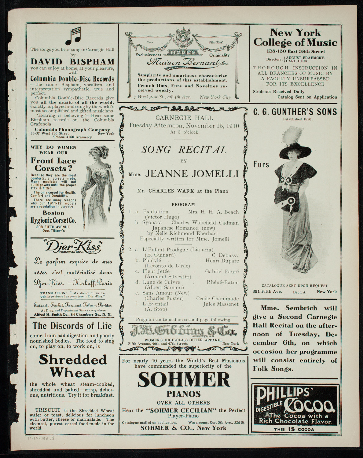 Jeanne Jomelli, Soprano, November 15, 1910, program page 5