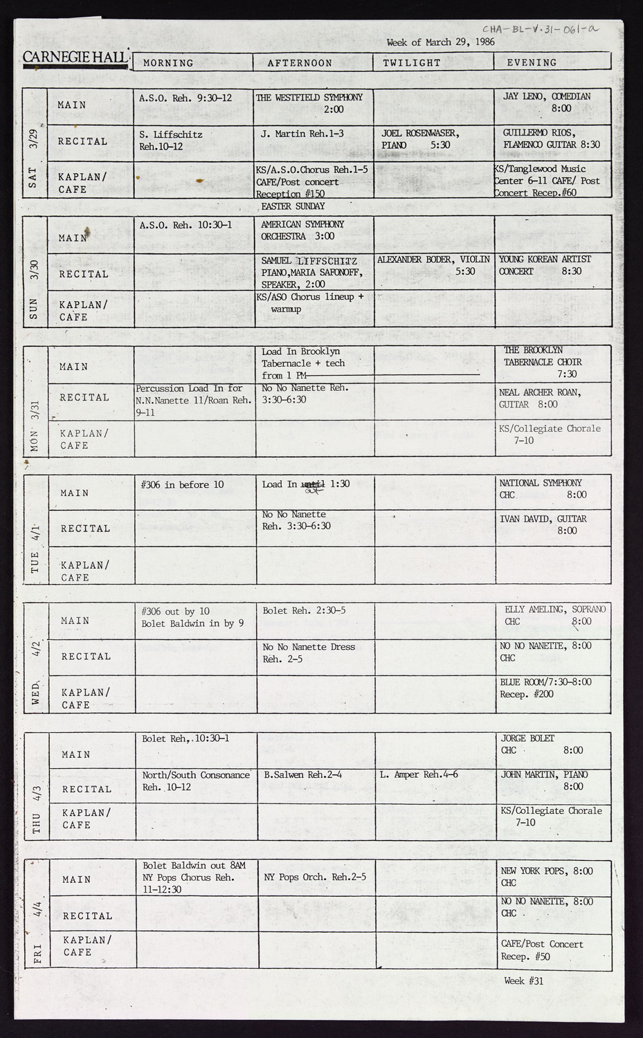 Carnegie Hall Booking Ledger, volume 31, page 61a