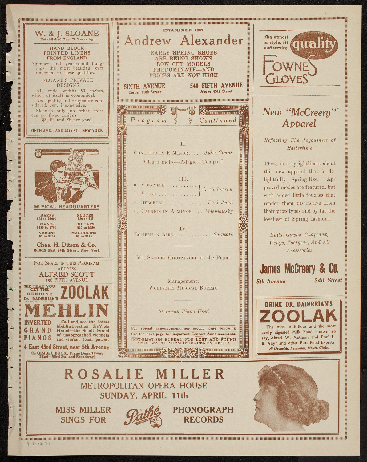 Jascha Heifetz, Violin, April 4, 1920, program page 7