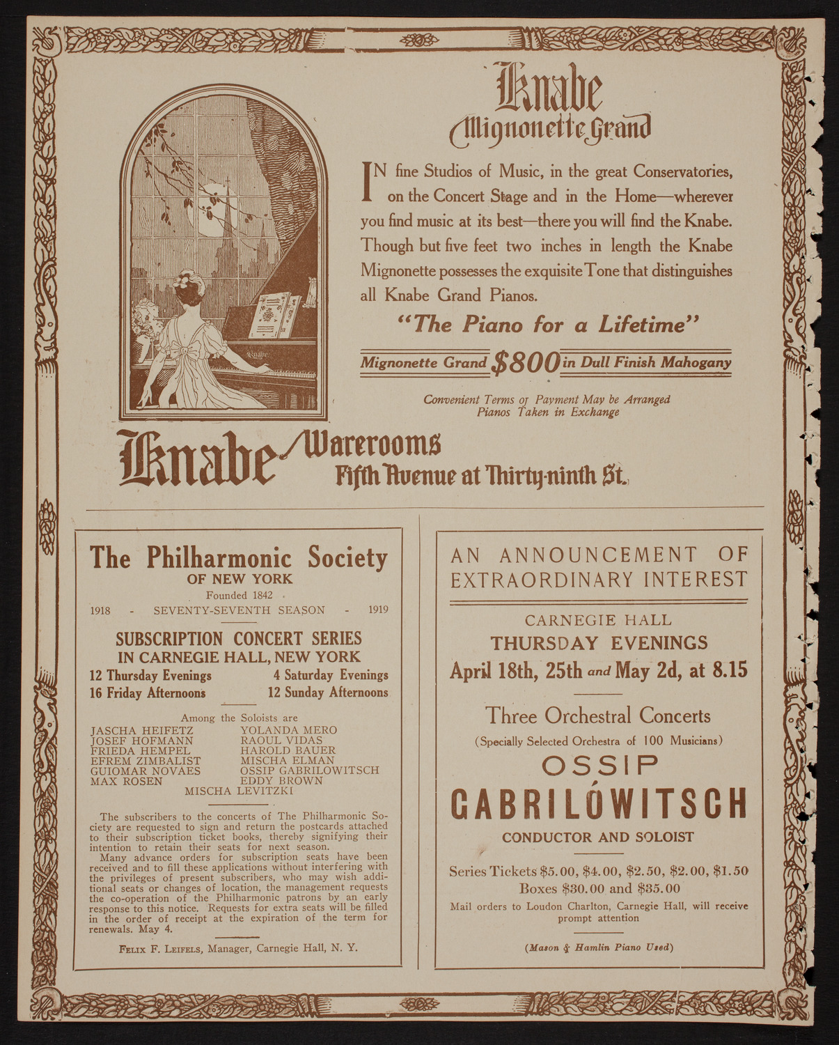 Jascha Heifetz, Violin, April 6, 1918, program page 12