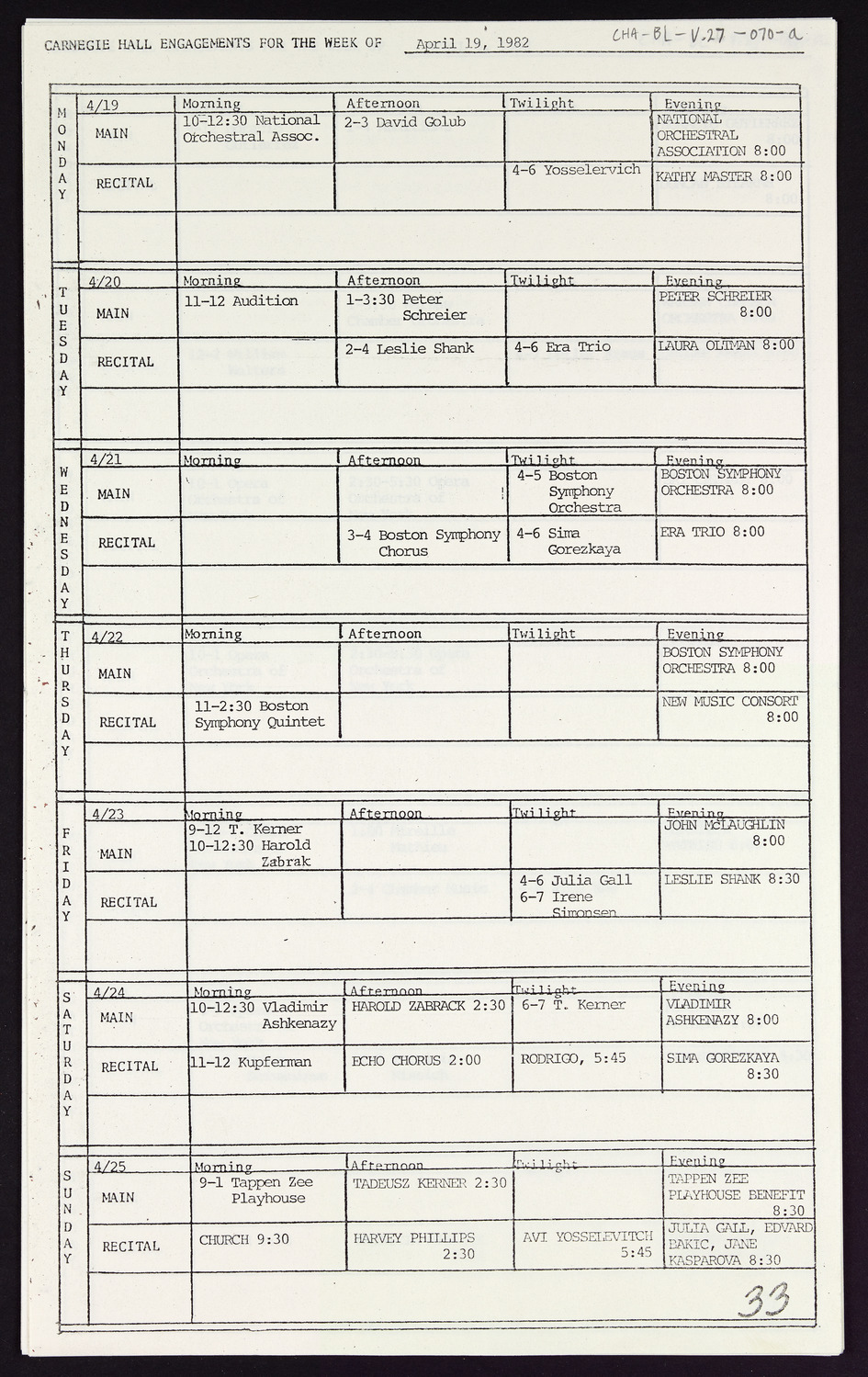 Carnegie Hall Booking Ledger, volume 27, page 70a