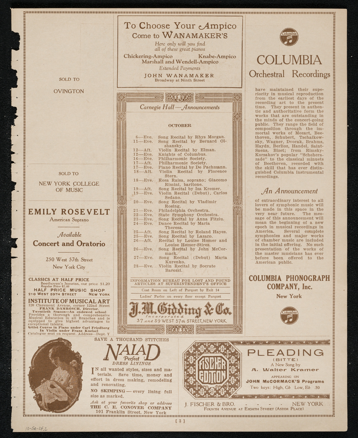 Colin O'More, Tenor, October 5, 1924, program page 3