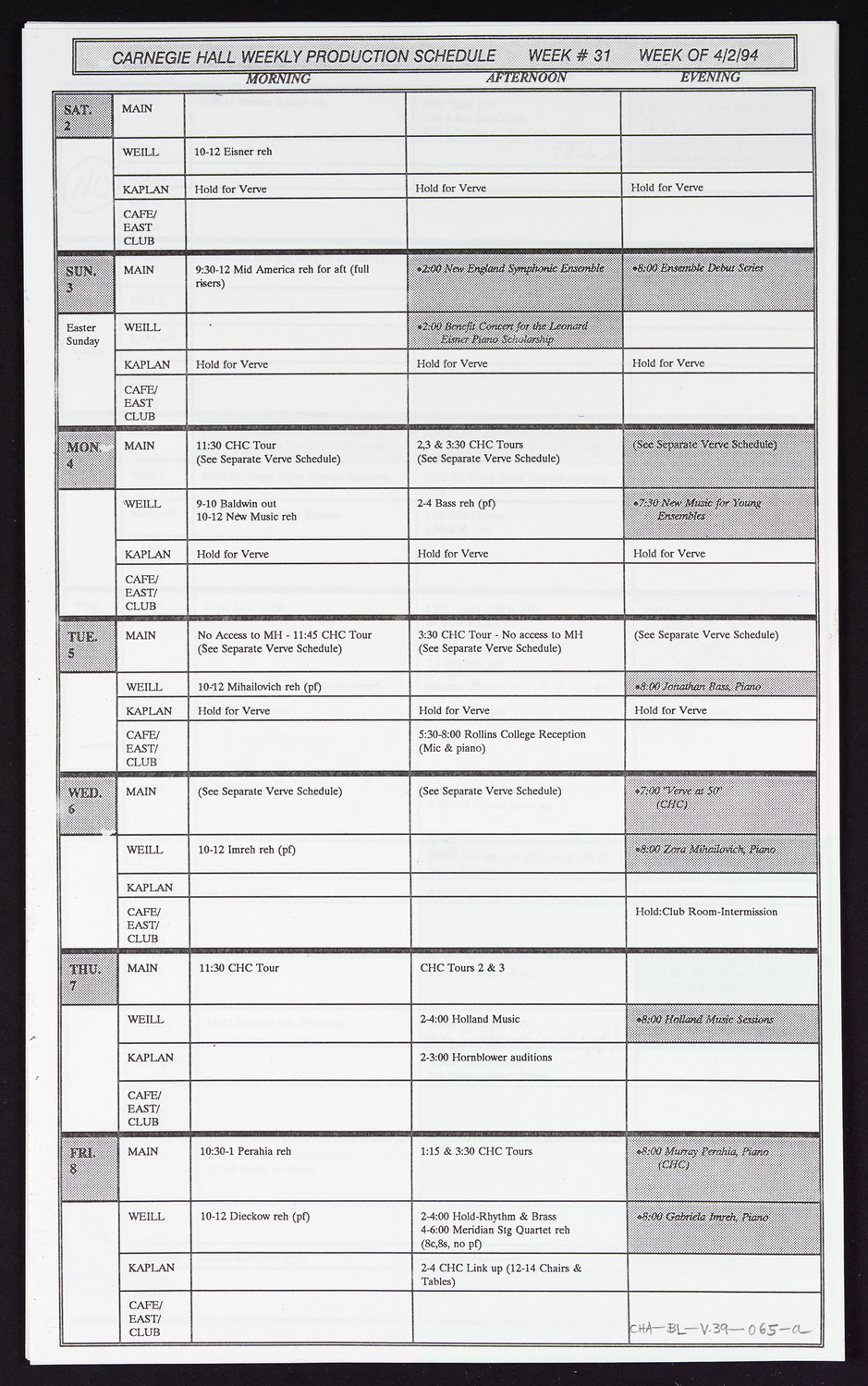 Carnegie Hall Booking Ledger, volume 39, page 65a