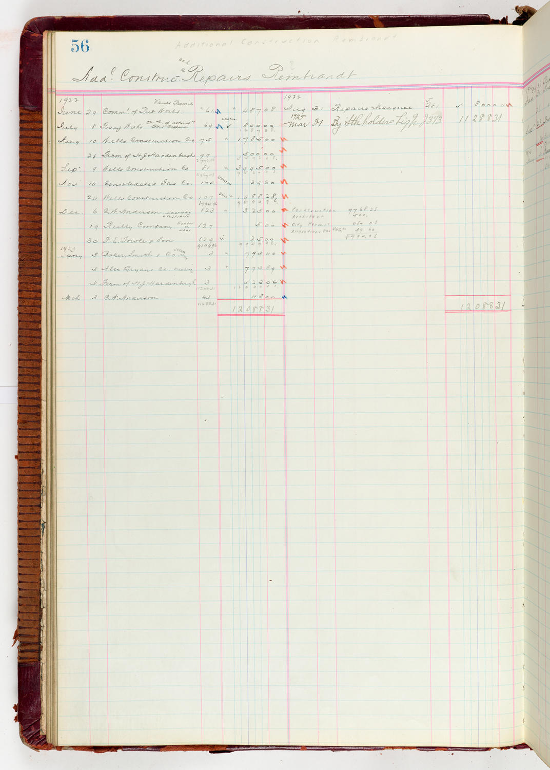 Music Hall Accounting Ledger Journal, volume 6, page 56