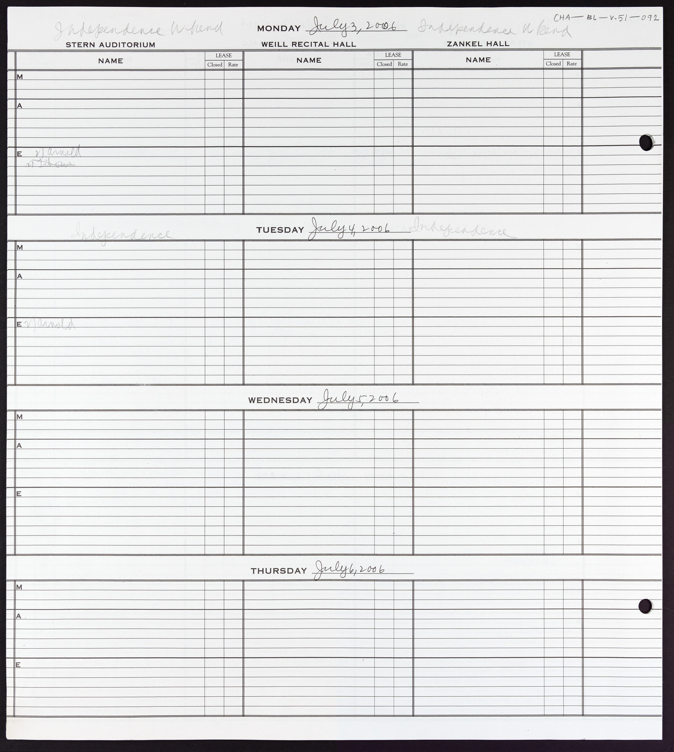 Carnegie Hall Booking Ledger, volume 51, page 92