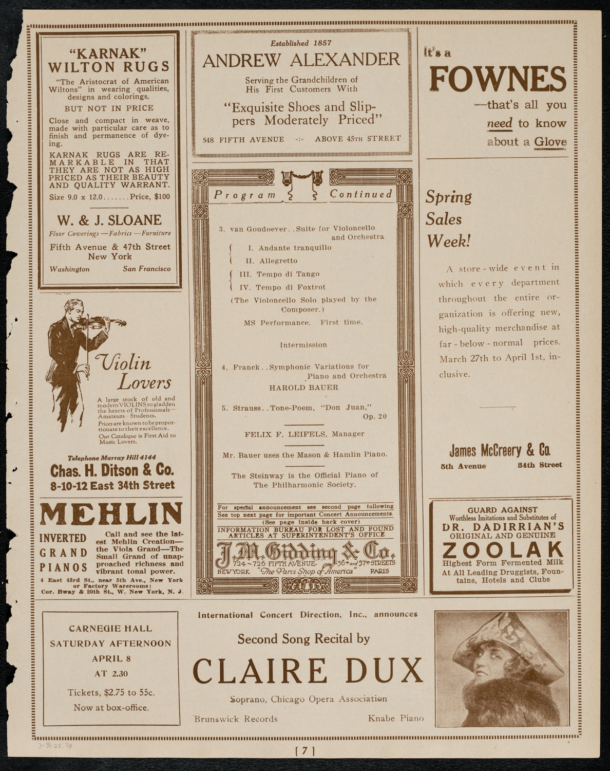 New York Philharmonic, March 31, 1922, program page 7