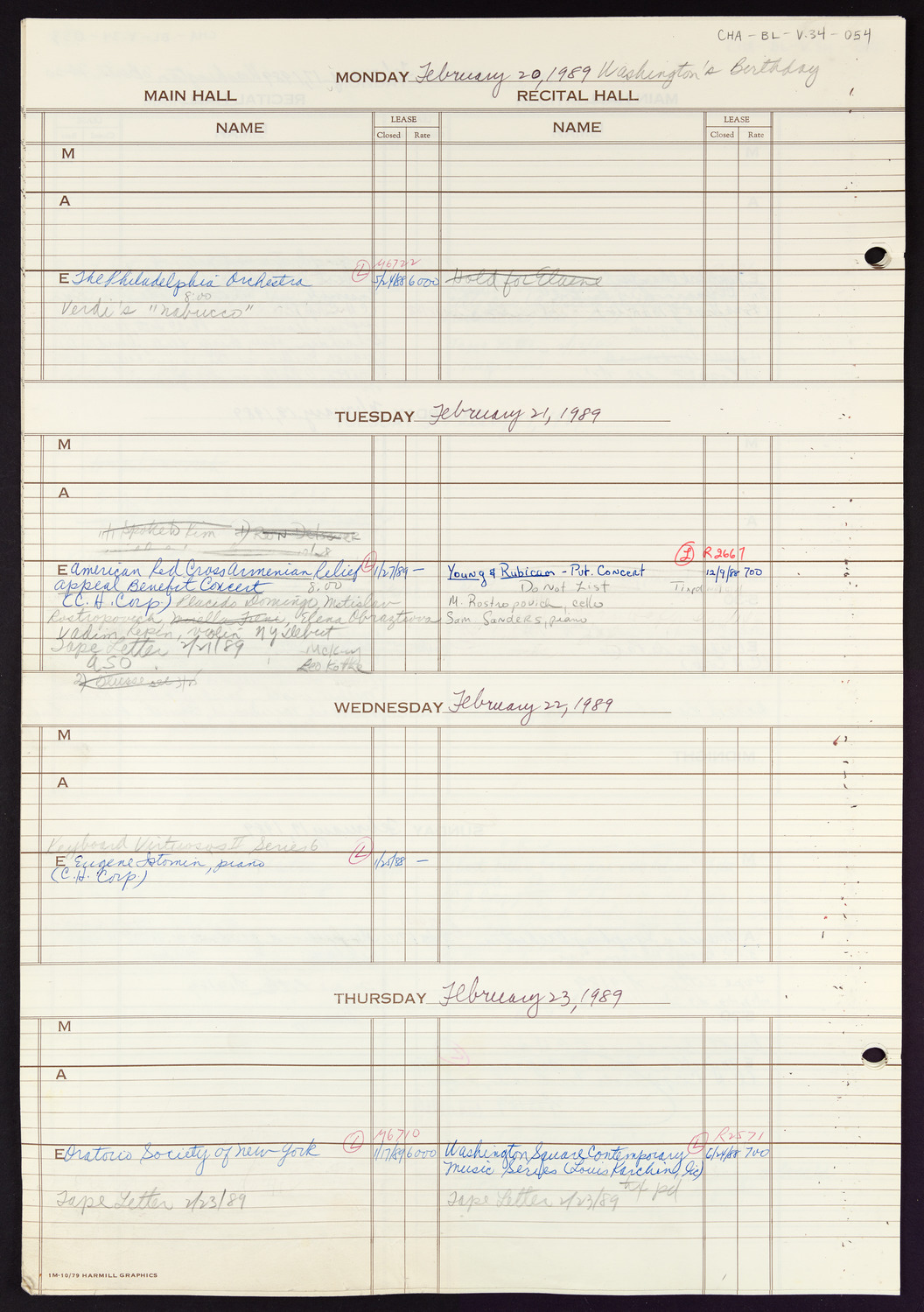 Carnegie Hall Booking Ledger, volume 34, page 54