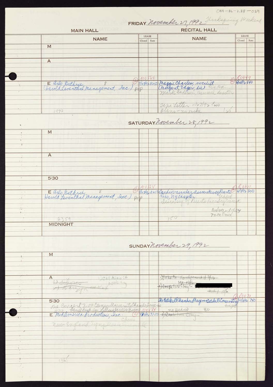 Carnegie Hall Booking Ledger, volume 38, page 29