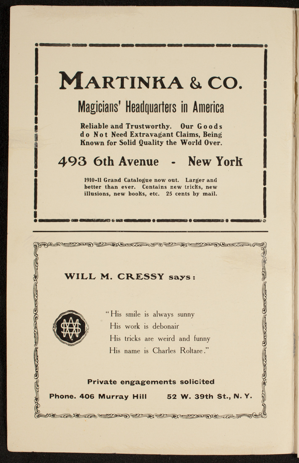 Society of American Magicians, January 14, 1911, program page 2