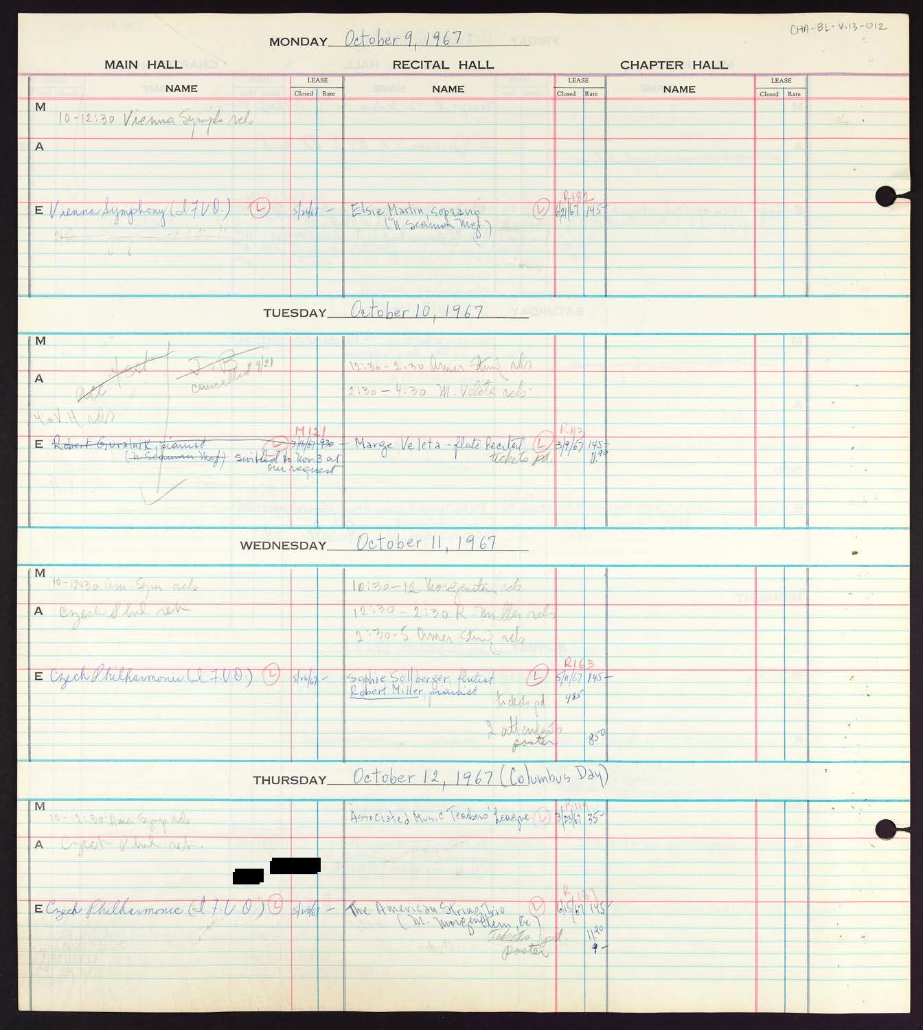 Carnegie Hall Booking Ledger, volume 13, page 12